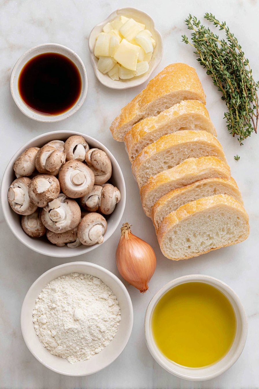 Flat lay of a small bunch of fresh thyme leaves, a cluster of whole cremini mushrooms, a single uncracked shallot with its natural skin, a fresh crusty baguette sliced into about fourteen thin pieces, a small white ceramic bowl filled with golden olive oil, another small white bowl containing dark amber sherry vinegar, a tiny white bowl with fine white flour, and a small bowl holding clear vegetable stock, all arranged with perfect symmetry on a clean white marble surface, soft natural light, photo taken with an iPhone, professional food photography style, fresh ingredients, white ceramic bowls, no bottles, no duplicates, no utensils, no packaging --ar 2:3 --v 7 --p m7354615311229779997 - Mushroom Thyme Crostini, mushroom appetizer, savory crostini recipe, easy mushroom canapés, herb-infused appetizer