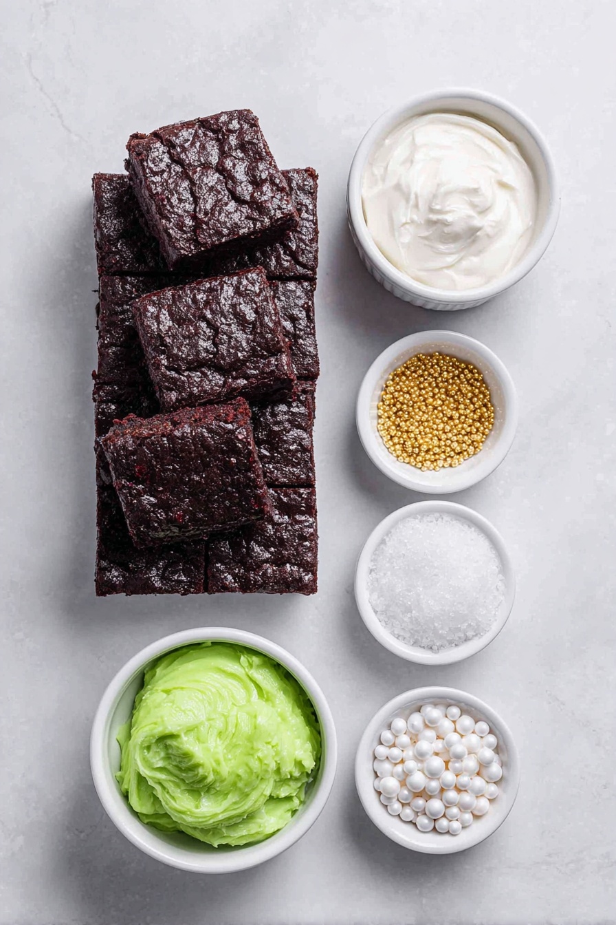 Flat lay of a stack of rich, square homemade brownies with a dark, fudgy texture, a small white ceramic bowl of smooth white frosting, another small white bowl with bright red-tinted frosting, a third small white bowl filled with vibrant green-tinted frosting, a handful of shiny edible gold star sprinkles scattered neatly next to a small pile of glossy white pearl sprinkles, all arranged with perfect symmetry and balance on a clean white marble surface, soft natural light, photo taken with an iPhone, professional food photography style, fresh ingredients, white ceramic bowls, no bottles, no duplicates, no utensils, no packaging --ar 2:3 --v 7 --p m7354615311229779997 - Christmas Tree Brownies with Festive Frosting, holiday dessert ideas, Christmas brownies, festive brownie decorations, holiday baking treats