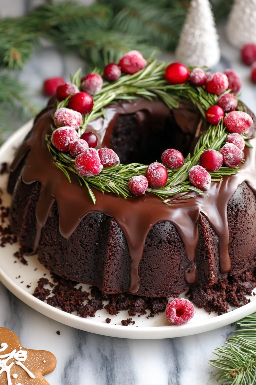 A dark chocolate bundt cake with one thick layer, covered with smooth chocolate glaze that drips down the sides. The top is decorated like a Christmas wreath with green rosemary sprigs arranged around the ring, topped with red raspberries and cranberries placed evenly on the glaze. The cake is on a white plate with crumbled chocolate pieces scattered around the base. The setting includes green pine branches and a small gingerbread man cookie near the plate, all on a white marbled surface. Photo taken with an iphone --ar 2:3 --v 7 - Gingerbread Chocolate Bundt Cake, festive holiday cake, spiced chocolate cake, moist gingerbread cake, holiday dessert recipes