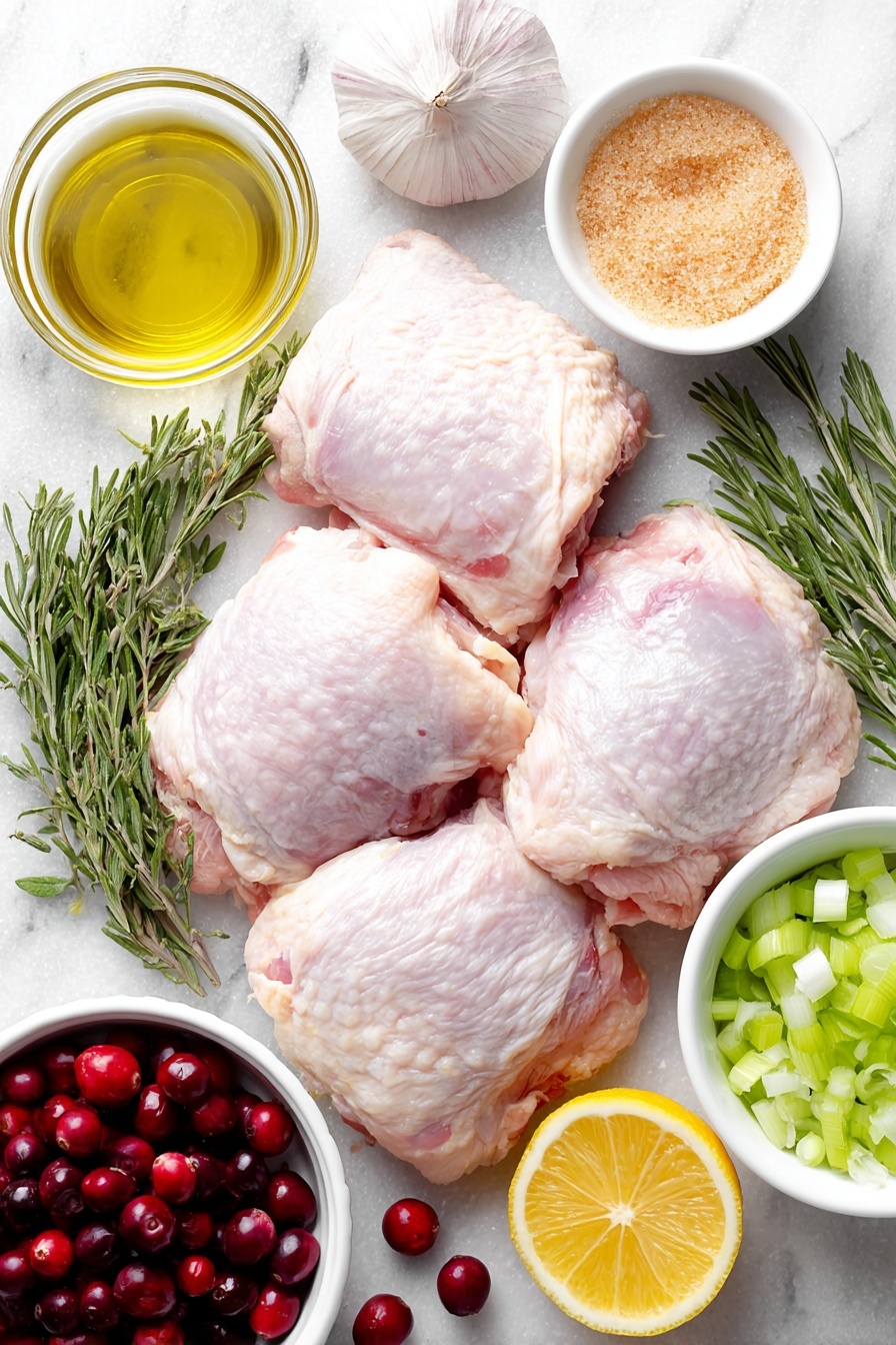Flat lay of fresh whole bone-in skin-on chicken breasts and thighs arranged neatly, a small pile of bright red fresh cranberries, a small white ceramic bowl filled with golden brown sugar, a small white bowl holding clear white wine vinegar, a small bunch of vibrant green fresh rosemary sprigs, several whole uncracked garlic cloves with papery skins intact, a small white bowl of extra virgin olive oil, chopped pale green celery stalks, chopped large yellow onion pieces, a whole fresh lemon halved to show juicy bright yellow interior, a few sprigs of rosemary for garnish, placed on a clean white marble surface, soft natural light, photo taken with an iPhone, professional food photography style, fresh ingredients, white ceramic bowls, no bottles, no duplicates, no utensils, no packaging --ar 2:3 --v 7 --p m7354615311229779997 - Cranberry Rosemary Baked Chicken, easy holiday chicken, juicy baked chicken with cranberries, savory baked chicken recipes, flavorful chicken dinner