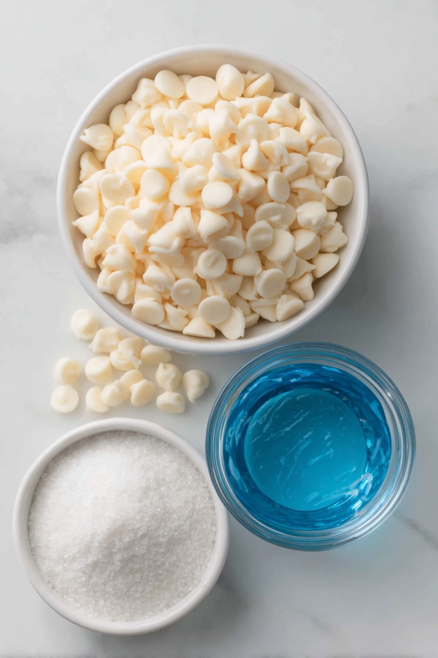 Flat lay of white chocolate chips scattered loosely, a small white ceramic bowl of heavy cream, a small white ceramic bowl filled with vibrant blue liquid Blue Curacao, and a small white ceramic bowl holding sparkling white sanding sugar, all arranged symmetrically and balanced, placed on a clean white marble surface, soft natural light, photo taken with an iPhone, professional food photography style, fresh ingredients, white ceramic bowls, no bottles, no duplicates, no utensils, no packaging --ar 2:3 --v 7 --p m7354615311229779997 - Blue Curacao White Chocolate Truffles, white chocolate truffles, citrus flavored truffles, easy truffles recipes, elegant chocolate treats