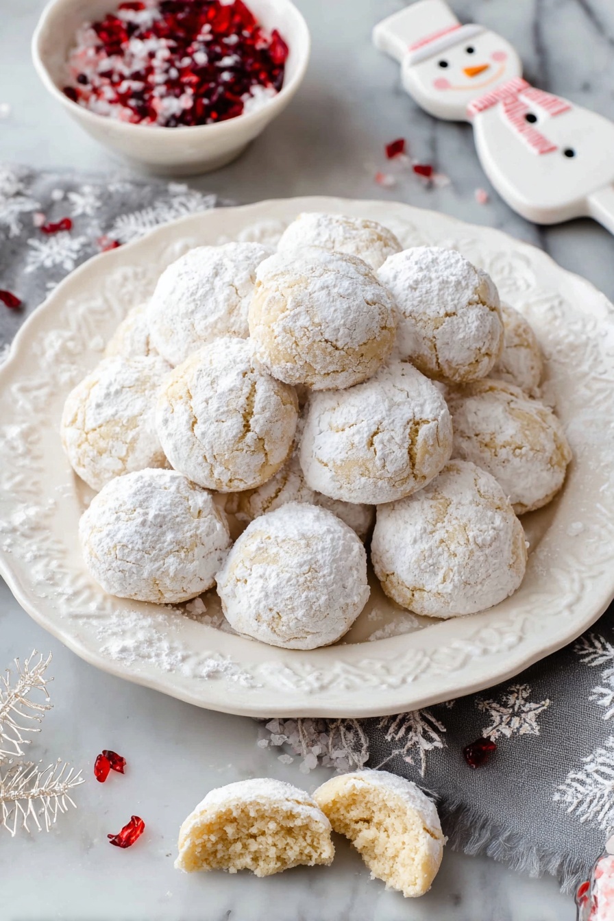 A white ornate plate filled with about fifteen round cookies stacked in a small heap, each cookie covered with a thick layer of white powdered sugar. The cookies are a pale golden color beneath the sugar, lightly textured with small visible bits inside. One cookie is broken in half, placed on top of the pile, showing a dense, crumbly interior. The plate sits on a white marbled surface, with a small patterned cloth and a tag slightly visible in the background. The overall look is bright, soft, and inviting. photo taken with an iphone --ar 2:3 --v 7 - Christmas Snowball Cookies, holiday butter cookies, powdered sugar cookies, melt-in-your-mouth holiday cookies, festive Christmas treats