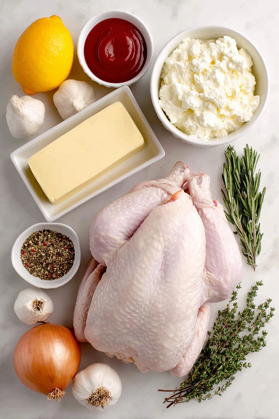 Flat lay of a whole fresh raw turkey with pale pink skin, a small white ceramic bowl filled with thick creamy buttermilk, a small white ceramic bowl holding bright red hot sauce, a stick of salted butter at room temperature, a pile of mixed all-purpose seasoning blend with visible herbs and spices, a whole brown onion, a whole bright yellow lemon, a whole vibrant orange, a whole garlic bulb with white papery skin, two sprigs of fresh green thyme, two sprigs of fresh green rosemary, two sprigs of fresh green sage, all arranged symmetrically on a clean white marble surface, soft natural light, photo taken with an iPhone, professional food photography style, fresh ingredients, white ceramic bowls, no bottles, no duplicates, no utensils, no packaging --ar 2:3 --v 7 --p m7354615311229779997 - Buttermilk Brined Thanksgiving Turkey, juicy turkey recipe, holiday turkey marinade, moist turkey preparation, flavorful turkey for Thanksgiving