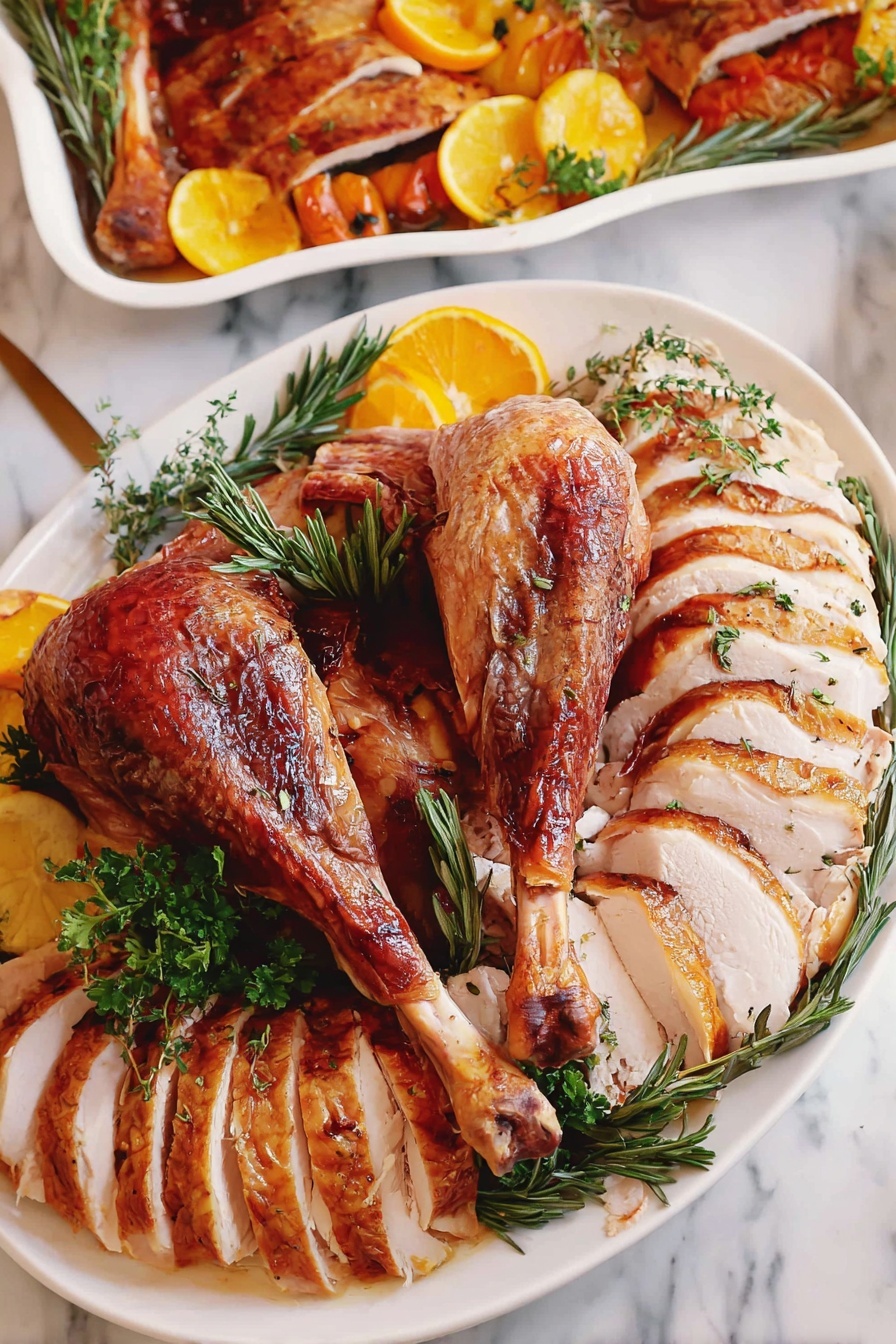 A white plate displays a roasted turkey arranged with two crispy, golden-brown turkey legs crossed in the center, surrounded by neatly sliced turkey breast pieces in light brown with a slightly crispy skin on the outer edges, fanning out along the plate's curve. Garnished with sprigs of green rosemary and thyme, the plate also includes some slices of orange and lemon placed near the edges, creating a fresh contrast against the rich turkey colors. The background features a white marbled surface, and part of a rectangular dish with more turkey and yellow tomatoes is visible in the upper part of the image. Photo taken with an iphone --ar 2:3 --v 7 - Buttermilk Brined Thanksgiving Turkey, juicy turkey recipe, holiday turkey marinade, moist turkey preparation, flavorful turkey for Thanksgiving