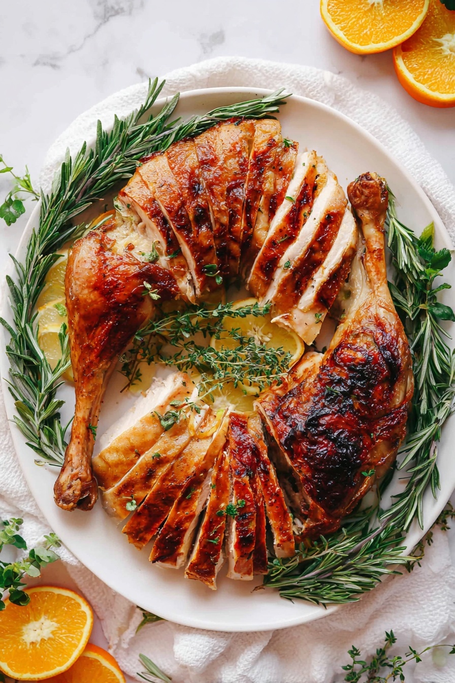 A white plate holds three layers of cooked turkey: two layers of sliced turkey with golden brown crispy skin arranged on opposite sides, and in the center, two whole cooked turkey legs with browned and slightly charred skin lying on top. Green herbs like rosemary and thyme are placed around and on the turkey for decoration. The plate sits on a white marbled surface with white cloth underneath and slices of orange and lemon nearby. The image is bright and clear. photo taken with an iphone --ar 2:3 --v 7 - Buttermilk Brined Thanksgiving Turkey, juicy turkey recipe, holiday turkey marinade, moist turkey preparation, flavorful turkey for Thanksgiving
