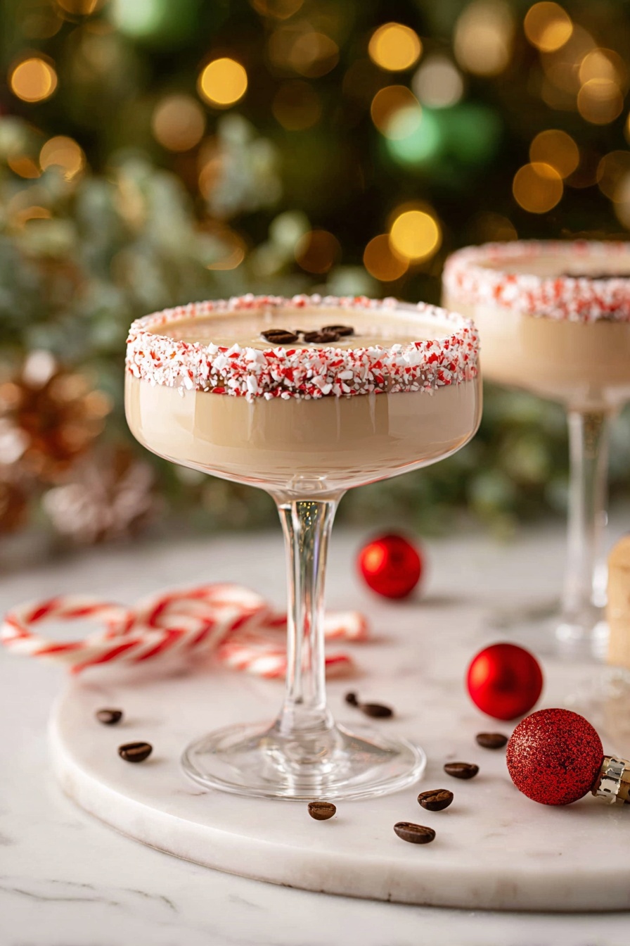 A creamy light brown cocktail fills a tall clear glass with a wide bowl, showing a smooth frothy top layer. The glass rim is coated with a dark chocolate layer and decorated with small red and white crushed candy pieces, creating a rough textured border. Three dark brown coffee beans float on the froth near the center. The glass stands on a white marbled surface scattered with red shiny Christmas ornaments, whole coffee beans, and red and white candy canes, with a blurry green and yellow light background. Photo taken with an iphone --ar 2:3 --v 7 - Peppermint Espresso Martini, festive cocktail recipes, holiday drinks, peppermint martini, espresso martini with peppermint