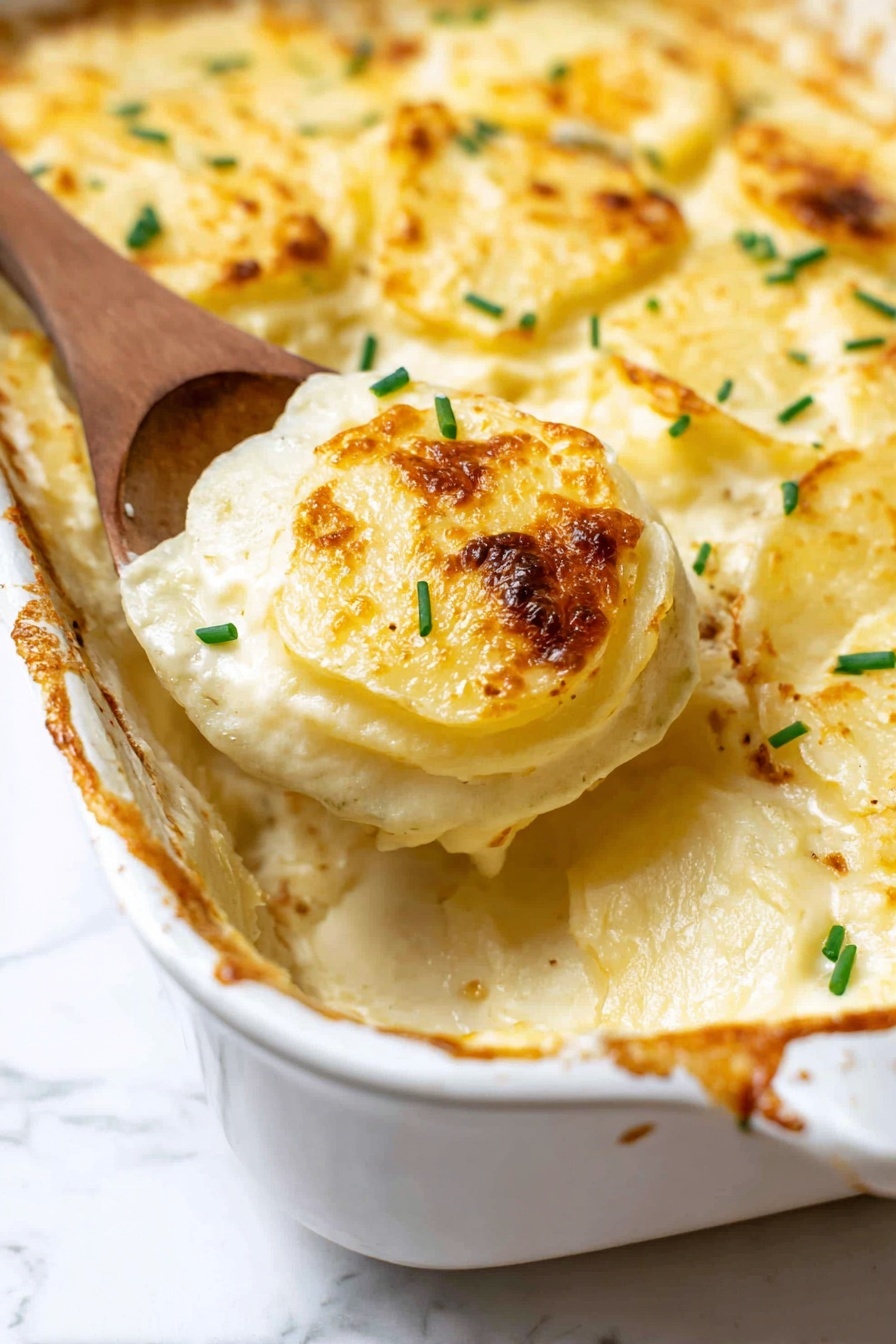 A white baking dish holds a creamy, pale yellow layered potato dish with a slightly browned top layer. The top layer has smooth, light golden patches with some browned edges and green chives sprinkled on it. A wooden spoon lifts a round spoonful from the dish, showing the creamy, soft texture of the potatoes beneath the thin, browned outer layer. The background is a white marbled texture. Photo taken with an iphone --ar 2:3 --v 7 - Creamy Baked Mashed Potatoes, baked mashed potatoes, cheesy mashed potato casserole, comfort food side dish, fluffy baked potatoes