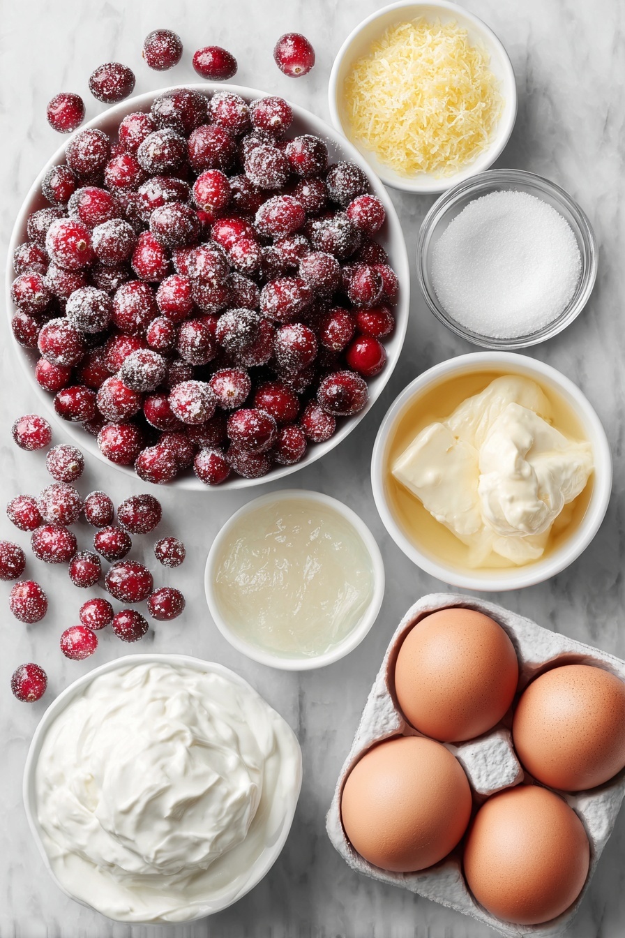 Flat lay of fresh whole cranberries scattered and a few in a small white ceramic bowl, granulated sugar in a small white bowl, small white bowls with orange zest and orange juice, a small white bowl filled with translucent bloomed gelatin over cold water, cold heavy cream in a small white bowl with soft peaks of whipped cream beside it, a small white bowl with powdered sugar, a small white bowl with vanilla bean paste, whole clean uncracked brown eggs, bright fresh mint leaves arranged neatly, and a few sugared cranberries glistening, all placed on a clean white marble surface, soft natural light, photo taken with an iPhone, professional food photography style, fresh ingredients, white ceramic bowls, no bottles, no duplicates, no utensils, no packaging --ar 2:3 --v 7 --p m7354615311229779997 - Festive Cranberry Mousse Cups, holiday mousse recipes, cranberry dessert ideas, easy holiday mousse, layered holiday desserts