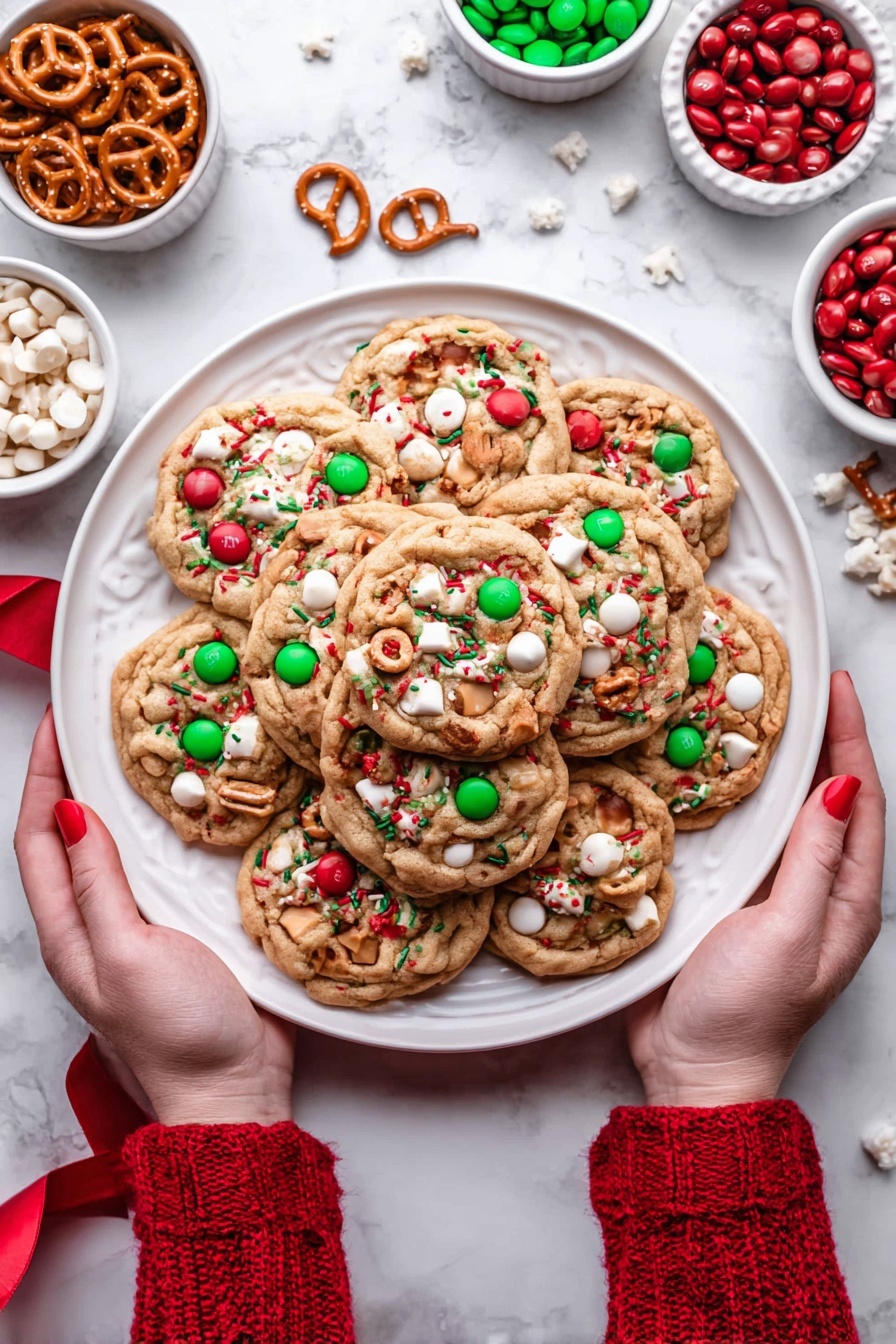 A white round plate is full of soft cookies stacked in two layers, with the top layer showing about seven cookies. Each cookie is light brown with bright red and green candy pieces on top, along with white chips and small pretzel pieces embedded inside. Green and red sprinkles scattered across the cookies add extra color. A woman's two hands with red painted nails holding the plate on either side, wearing a red sweater. The plate sits on a white marbled surface with small white bowls filled with pretzels, green and red candies, and white chips around it. A red ribbon is also visible near the right side. Photo taken with an iphone --ar 2:3 --v 7 - Christmas Cookie with Mix-Ins, festive holiday cookies, chewy Christmas cookie recipe, colorful holiday cookies, easy Christmas cookie ideas