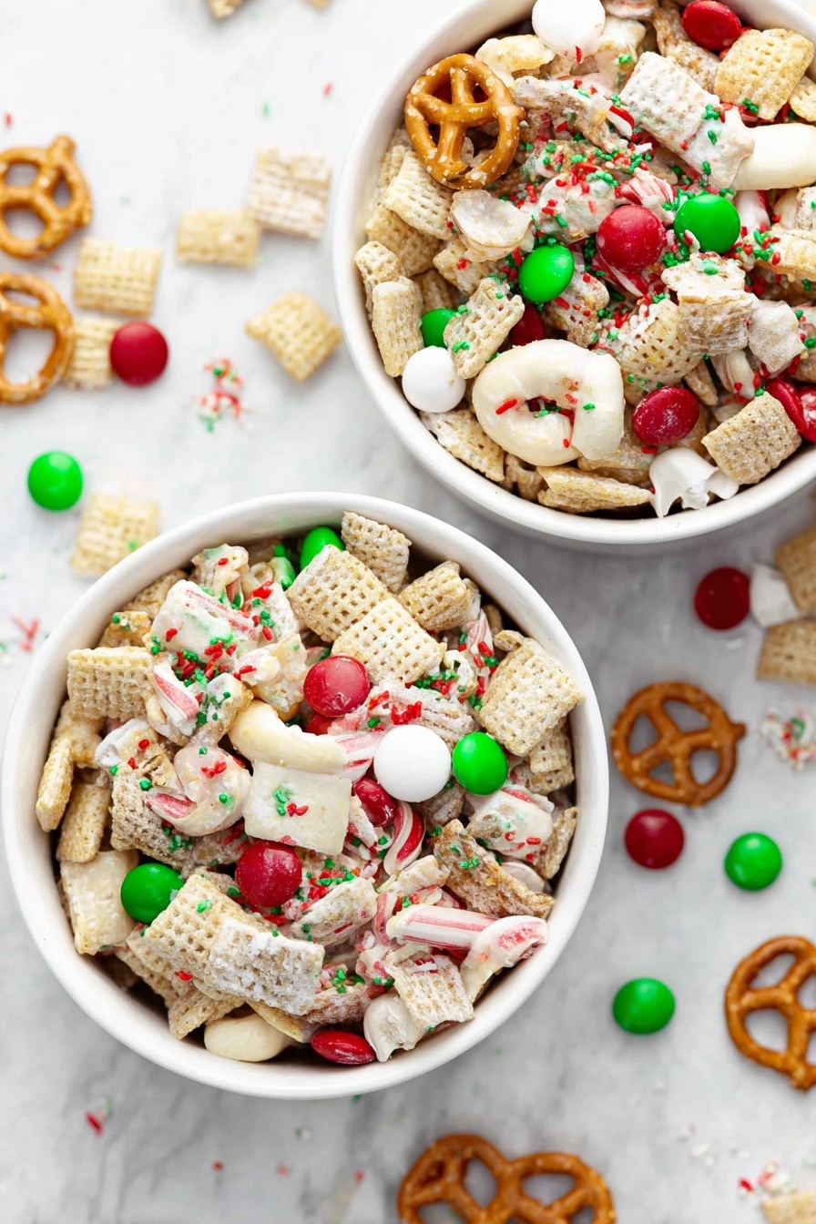 The image shows two white bowls filled with a festive snack mix on a white marbled surface. Each bowl holds a colorful mix of light beige square cereal pieces, white chocolate-covered pretzels, red and green candy-coated chocolates, and small round red, white, and green sprinkles scattered evenly over the mix. The colors are bright and create a holiday feel. Some pieces of the mix are scattered on the surface around the bowls. Photo taken with an iphone --ar 2:3 --v 7 - Gluten-Free Christmas Chex Mix, gluten-free holiday snack, festive gluten-free treats, Christmas snack ideas, easy gluten-free party snack