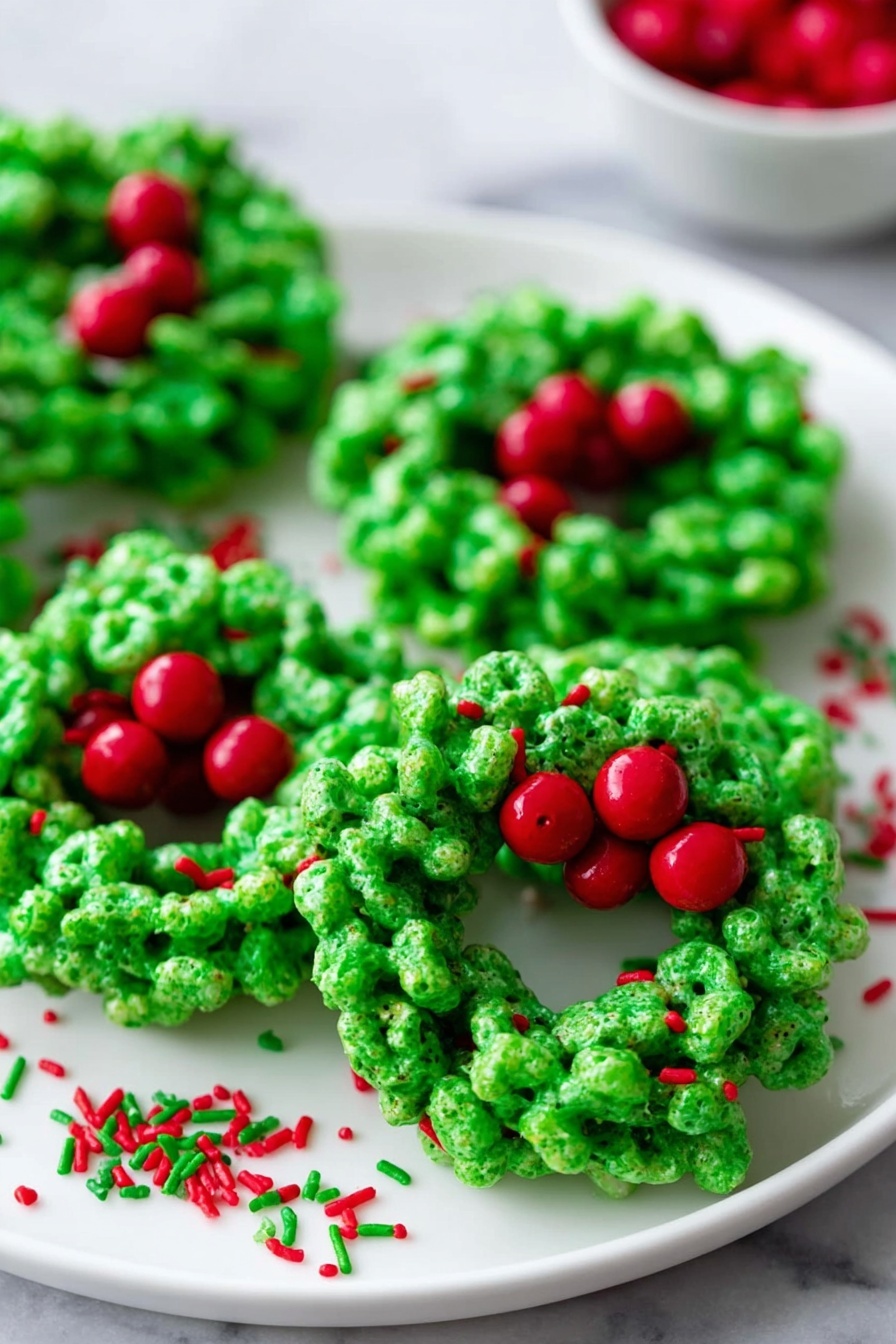 The image shows several small wreath-shaped treats placed closely on a white plate. Each wreath has a bright, shiny green color with a bumpy texture made from clusters of puffed cereal stuck together, shaped into a ring. On top of each green wreath, there are clusters of three shiny red candy pieces, resembling berries. Around the wreaths on the plate are scattered small red and green sprinkles, adding extra color and detail. The background includes a smooth white marbled surface. photo taken with an iphone --ar 2:3 --v 7 - Christmas Wreath Cookies, festive holiday cookies, easy Christmas dessert, no-bake holiday treats, holiday cookie ideas
