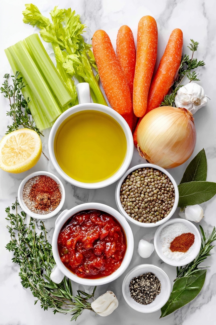 Flat lay of a small white ceramic bowl with golden olive oil, a whole yellow onion with papery skin, three fresh orange carrots sliced, two bright green celery stalks sliced, a small white bowl holding deep red tomato paste, three whole garlic cloves with skins on, a tiny white bowl containing mixed Italian seasoning herbs, a tiny white bowl with red paprika powder, a tiny white bowl with brown cumin powder, two fresh green bay leaves, a small heap of black peppercorns, a neat pile of dry green lentils, a small white bowl filled with crushed ripe red tomatoes, a small white bowl of clear vegetable broth, a small white bowl of fresh lemon juice, and a few sprigs of bright green chopped parsley placed on a clean white marble surface, soft natural light, photo taken with an iPhone, professional food photography style, fresh ingredients, white ceramic bowls, no bottles, no duplicates, no utensils, no packaging --ar 2:3 --v 7 --p m7354615311229779997 - Healthy Lentil Soup, nourishing lentil soup recipe, easy healthy soup, vegetarian lentil soup, wholesome lentil soup dish