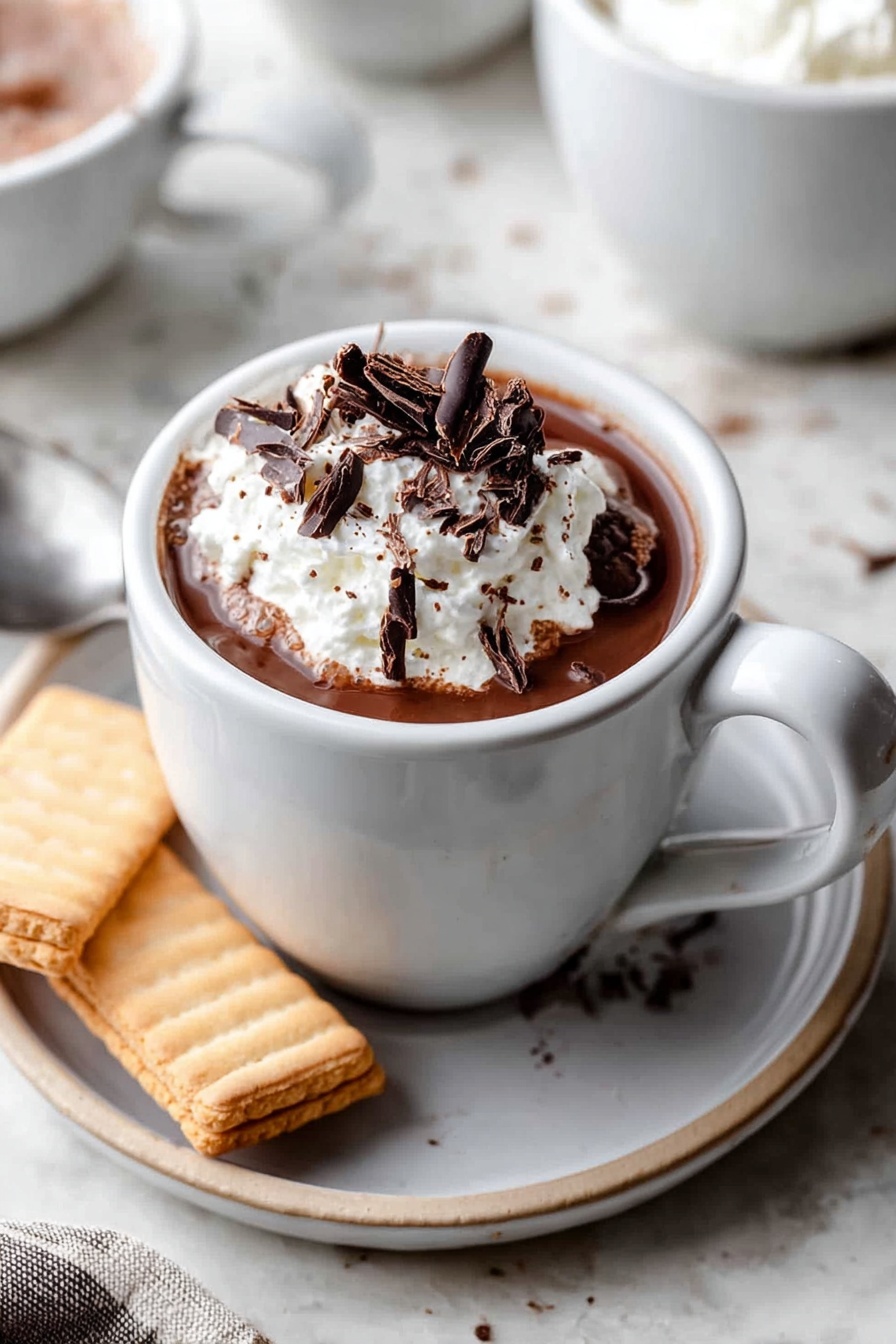 A white mug filled with warm dark brown liquid topped with a thick layer of white whipped cream. On top of the cream, there are several dark chocolate curls sprinkled, adding texture. The mug sits on a white plate with two light tan rectangular biscuits beside it. The scene is set on a white marbled texture. In the background, there are other white dishes partially visible, one filled with more whipped cream and another cup of the same drink. Photo taken with an iphone --ar 2:3 --v 7 - European-Style Hot Chocolate, decadent hot chocolate recipe, thick hot cocoa, dark chocolate drink, European chocolate beverages