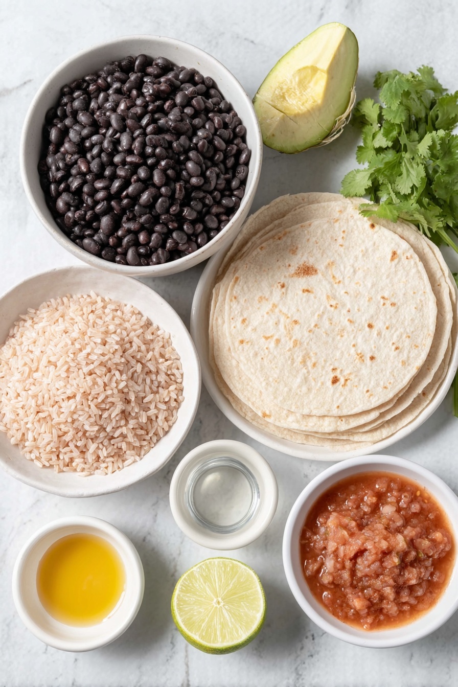 Flat lay of a small mound of uncooked brown rice, a halved lime with juice visible inside, a small bunch of fresh cilantro sprigs, a simple white ceramic bowl filled with drained black beans, a halved yellow onion showing its layers, a small white bowl with clear water, a small white bowl holding golden extra-virgin olive oil, a small white bowl with reddish-brown taco seasoning powder, four plain wheat tortillas stacked neatly, a small white bowl of chunky red salsa, and a ripe avocado diced into cubes, all arranged with perfect symmetry on a clean white marble surface, soft natural light, photo taken with an iPhone, professional food photography style, fresh ingredients, white ceramic bowls, no bottles, no duplicates, no utensils, no packaging --ar 2:3 --v 7 --p m7354615311229779997 - Black Bean and Rice Burritos, Black Bean and Rice Burritos recipe, hearty vegetarian burritos, easy Mexican dinner, healthy burrito ideas