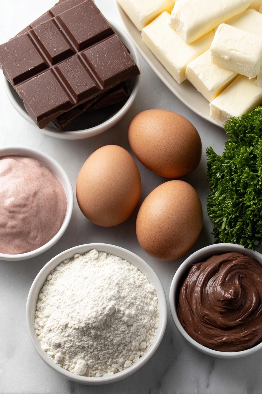 Flat lay of smooth brown cocoa candy melts in a small white ceramic bowl, two whole brown eggs with clean shells, a few sprigs of fresh green parsley, a small white bowl of vibrant red icing, a small white bowl of rich brown icing, a small white bowl of deep black icing, a neat pile of white parchment paper sheets, all arranged symmetrically and naturally on a clean white marble surface, soft natural light, photo taken with an iPhone, professional food photography style, fresh ingredients, white ceramic bowls, no bottles, no duplicates, no utensils, no packaging --ar 2:3 --v 7 --p m7354615311229779997 - Reindeer Cupcakes with Chocolate Antlers, Christmas cupcake ideas, holiday dessert recipes, cute holiday treats, festive cupcake decorations