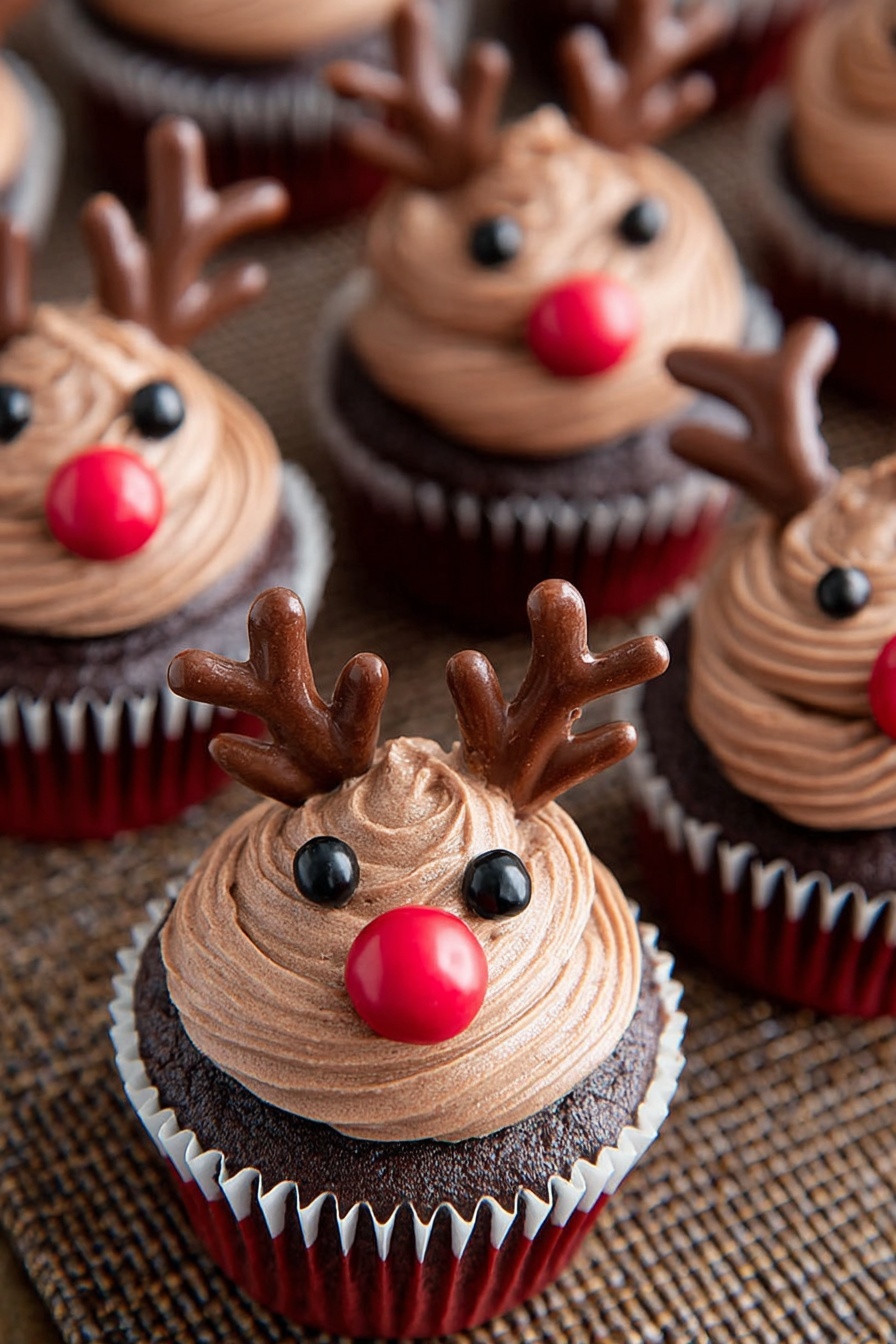 The image shows chocolate cupcakes decorated to look like reindeer. Each cupcake has a base layer of dark brown chocolate cake inside white liners with red bottoms. On top of the cake is a thick, smooth swirl of light brown chocolate frosting covering the whole top. For decoration, two small black candy eyes are placed near the center, with a shiny red candy nose just below the eyes. Two small, brown antler shapes are positioned at the back edges of the frosting on each cupcake. The cupcakes are arranged on a brown woven mat. photo taken with an iphone --ar 2:3 --v 7 - Reindeer Cupcakes with Chocolate Antlers, Christmas cupcake ideas, holiday dessert recipes, cute holiday treats, festive cupcake decorations