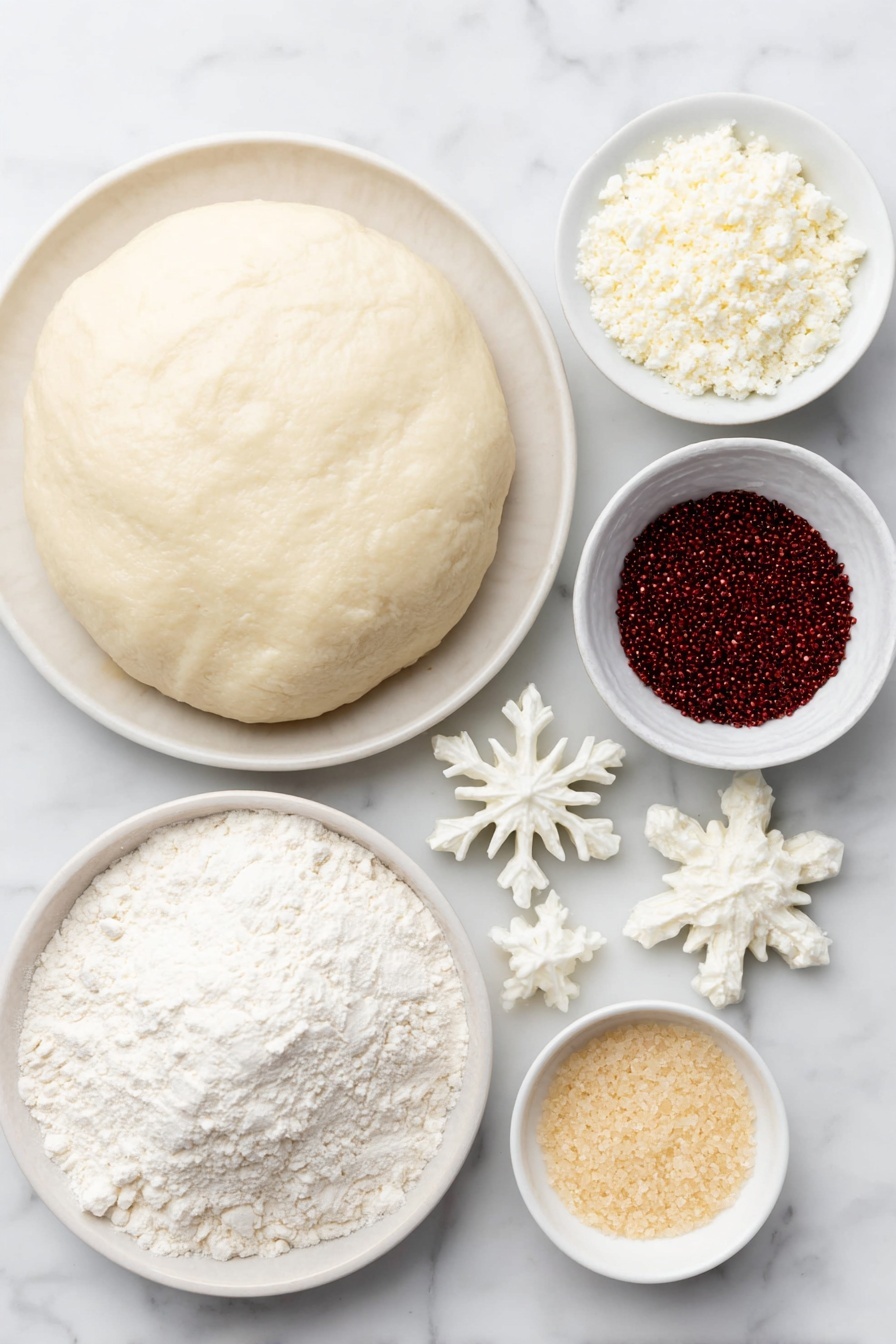 Flat lay of smooth white fondant ball, vibrant red fondant sheet, small pile of fine white tylose powder, three white snowflake shapes of different sizes, tiny white star shape, handful of shiny small golden sugar pearls, a few sparkly edible glitter crystals, small mound of golden color powder, and a mini plain white ceramic plate holding a small red fondant-covered mini cake placed symmetrically next to each other in a balanced layout, all placed on a clean white marble surface, soft natural light, photo taken with an iPhone, professional food photography style, fresh ingredients, white ceramic bowls, no bottles, no duplicates, no utensils, no packaging --ar 2:3 --v 7 --p m7354615311229779997 - Kerst Sneeuwvlok Fondant Taartje, festive snowflake cake, holiday fondant decoration, winter-themed mini cake, Christmas fondant dessert