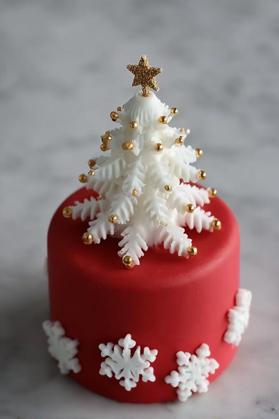 The image shows a small round cake covered in smooth red fondant. On top of the cake, there is a delicate white snowflake decoration made of frosting or fondant, formed in layers to resemble a 3D Christmas tree shape with three main snowflake layers stacked vertically. Small golden edible beads are scattered across the snowflakes, adding a shiny touch. At the very top of the snowflake tree is a small golden star. Around the base of the cake, more white snowflake shapes with golden beads encircle the cake. The cake sits on a white marbled surface. photo taken with an iphone --ar 2:3 --v 7 - Kerst Sneeuwvlok Fondant Taartje, festive snowflake cake, holiday fondant decoration, winter-themed mini cake, Christmas fondant dessert