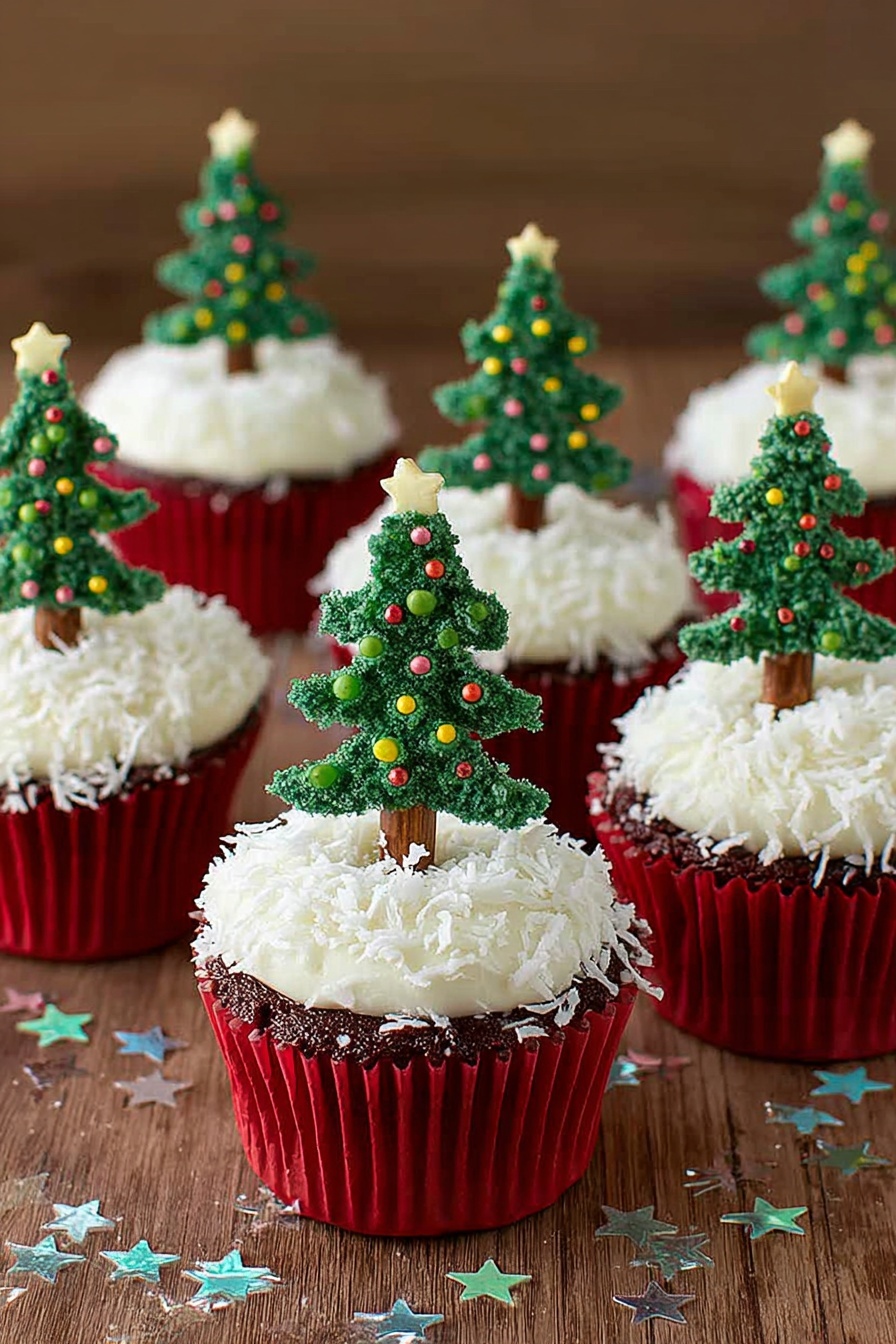 This image shows a dark brown cupcake in a red paper cup, topped with a thick layer of white frosting that looks fluffy and creamy. On top of the frosting, there is a green Christmas tree-shaped cookie decorated with colorful small round sprinkles. The cupcake is on a wooden surface, with other cupcakes blurred in the background, each with similar white frosting but no tree cookie. The focus is on the front cupcake with clear detail on the frosting texture and cookie decoration. photo taken with an iphone --ar 2:3 --v 7 - Chocolate Christmas Tree Cupcakes, festive holiday cupcakes, Christmas cupcake recipes, holiday dessert ideas, chocolate cupcake with pretzel topper