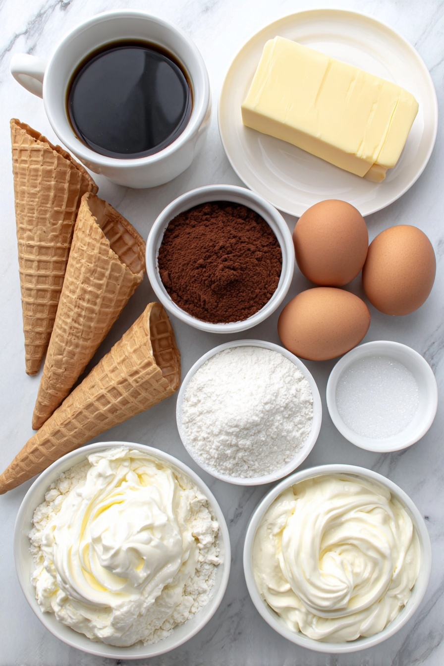 Flat lay of twelve natural sugar cones, a mound of fine white confectioners' sugar in a white ceramic bowl, a slab of unsalted butter at room temperature on a simple white plate, a small white bowl of creamy milk, two large whole brown eggs with clean shells, a white ceramic bowl filled with all-purpose flour, a small white bowl containing rich unsweetened cocoa powder, a white ceramic dish holding a teaspoon of baking soda, a pinch of salt on a tiny white bowl, a white bowl of buttermilk, a white bowl with sour cream, a pile of granulated sugar on a white plate, a small white bowl with strong brewed coffee, and a white ceramic bowl with melted butter, all arranged symmetrically and balanced, placed on a clean white marble surface, soft natural light, photo taken with an iPhone, professional food photography style, fresh ingredients, white ceramic bowls, no bottles, no duplicates, no utensils, no packaging --ar 2:3 --v 7 --p m7354615311229779997 - Festive Chocolate Christmas Tree Cupcakes, Christmas Cupcake Ideas, Holiday Dessert Recipes, Christmas Tree Themed Cupcakes, Easy Christmas Cupcake Decorations