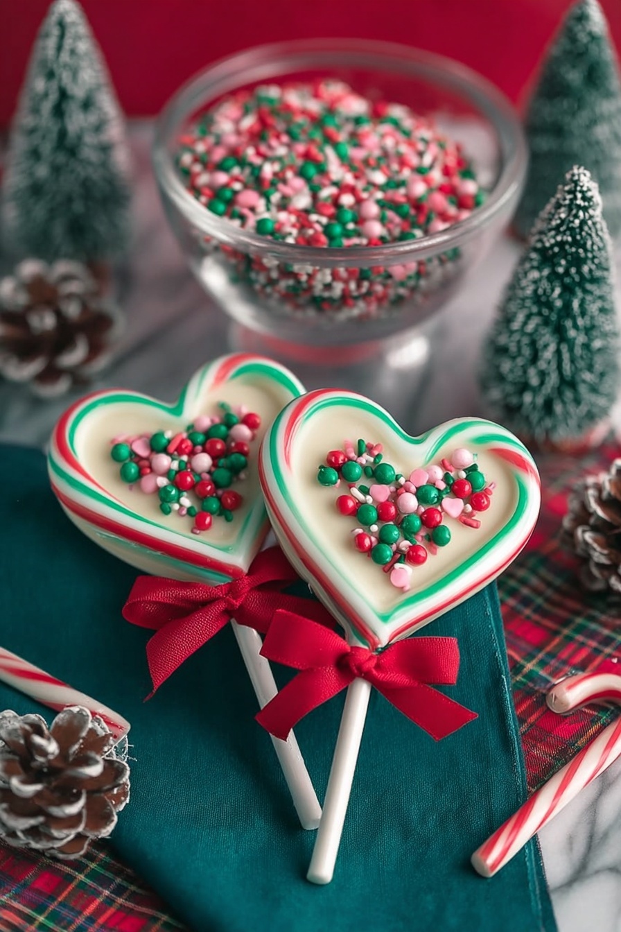 The image shows three heart-shaped candy lollipops placed on a dark green cloth over a white marbled surface. Each lollipop has two candy cane-like stripes twisted into a heart shape: one with red and white stripes and another with green and white stripes. In the center of each heart, there is a smooth white heart-shaped layer topped with a small cluster of tiny round sprinkles in red, green, and white. Each lollipop stick is tied with a small red ribbon bow. Behind the lollipops, there is a clear glass dessert cup filled with the same red, green, and white round sprinkles. The background has some blurred Christmas pine cones, small decorated pine trees, and red ornaments on the white marbled surface. photo taken with an iphone --ar 2:3 --v 7 - Candy Cane Heart Lollipops, holiday candy canes, festive homemade treats, easy Christmas lollipops, kids Christmas crafts