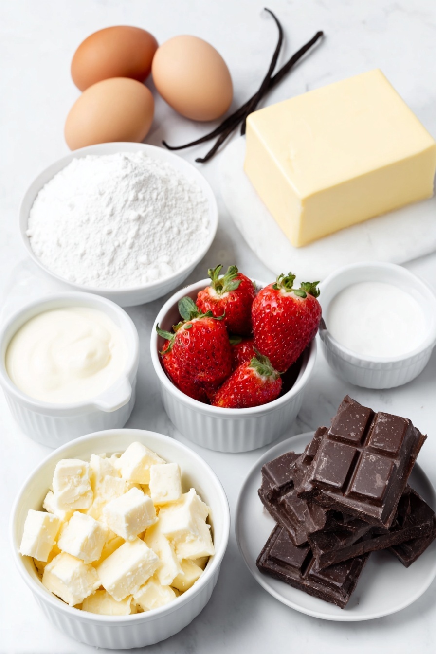 Flat lay of cold heavy cream in a small white ceramic bowl, whole fresh strawberries without stems, two brown whole eggs, pure vanilla bean pod, granulated sugar in a small white ceramic bowl, powdered gelatin powder neatly heaped on a white ceramic plate, cold whole milk in a small white ceramic bowl, unsalted butter slab at room temperature on a white ceramic plate, powdered sugar in a small white ceramic bowl, all-purpose flour loosely piled on a white ceramic plate, pinch of salt on a small white ceramic dish, translucent glucose syrup in a small white ceramic bowl, water in a small white ceramic bowl, sweetened condensed milk in a small white ceramic bowl, finely chopped white chocolate pieces on a white ceramic plate, small amount of bright red gel food coloring on a white ceramic dish, placed on a clean white marble surface, soft natural light, photo taken with an iPhone, professional food photography style, fresh ingredients, white ceramic bowls, no bottles, no duplicates, no utensils, no packaging --ar 2:3 --v 7 --p m7354615311229779997 - Santa Claus Dome Cakes, holiday dessert recipes, festive mirror glaze cakes, Christmas dessert ideas, vanilla mousse strawberries