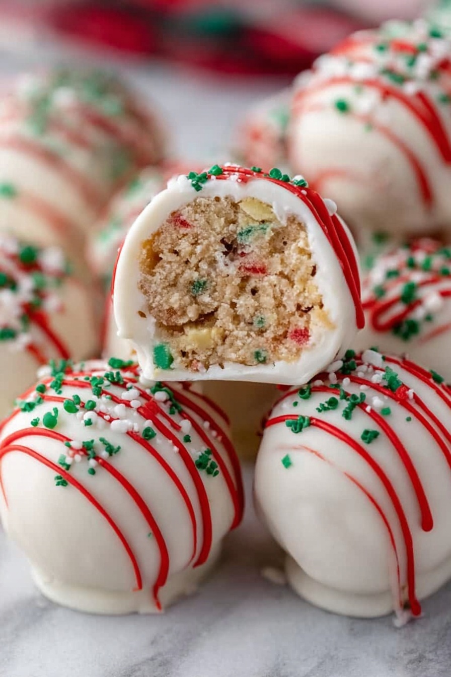 A close-up of a woman's hand holding a round bite-sized dessert with one bite taken out. The dessert has an outer white smooth layer with small red and green sprinkles on top. Inside, there is a light brown, crumbly cake-like texture with tiny colorful bits mixed in. The woman's fingernails are painted red, and the background is softly blurred with warm lights and a hint of red and green colors, all on a white marbled surface. photo taken with an iphone --ar 2:3 --v 7 - Christmas Tree Cake Truffles, festive holiday treats, easy Christmas desserts, holiday party chocolates, Christmas baking ideas