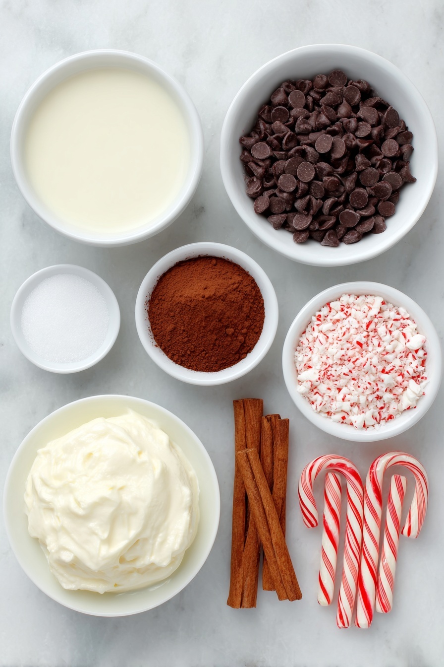 Flat lay of fresh whole milk in a small white ceramic bowl, thick heavy cream in a small white ceramic bowl, a small white ceramic bowl filled with glossy semi-sweet chocolate chips, a small white ceramic bowl with rich unsweetened cocoa powder, a small white ceramic bowl with granulated sugar, a small white ceramic bowl containing ground cinnamon, a small white ceramic bowl with fine sea salt, a small white ceramic bowl with clear pure vanilla extract, a dollop of smooth whipped cream on a simple white ceramic plate, a small pile of crushed bright red and white peppermint candies on a white ceramic dish, a few whole cinnamon sticks arranged neatly on the side, red and white striped mini candy canes placed symmetrically on a white ceramic plate, placed on a clean white marble surface, soft natural light, photo taken with an iPhone, professional food photography style, fresh ingredients, white ceramic bowls, no bottles, no duplicates, no utensils, no packaging --ar 2:3 --v 7 --p m7354615311229779997 - Festive Peppermint Hot Chocolate, holiday hot chocolate recipe, peppermint hot cocoa, winter hot chocolate ideas, creamy peppermint hot chocolate