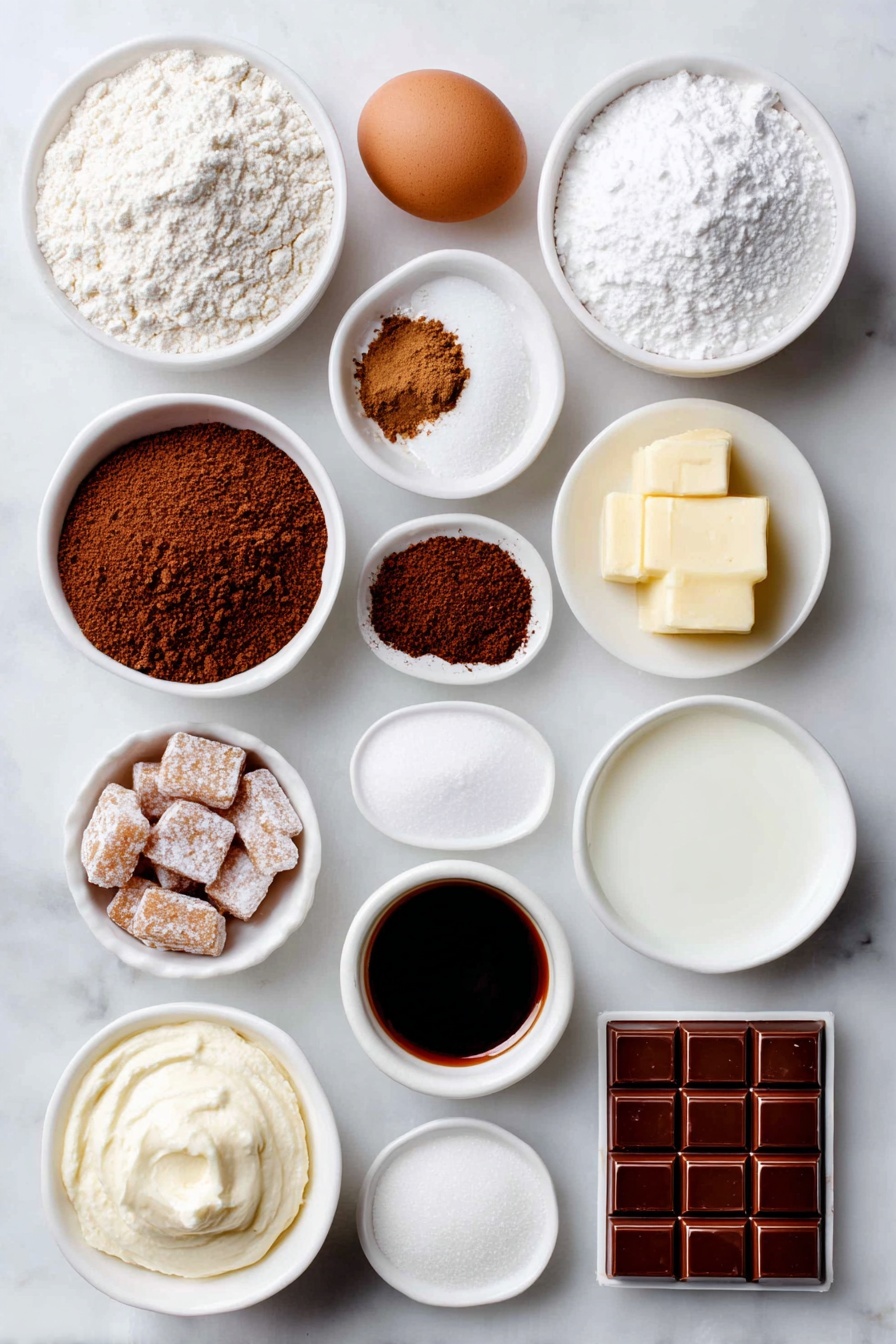 Flat lay of a small mound of all-purpose flour, a neatly heaped pile of brown sugar, a few chunks of unsalted butter softened to creamy texture, a small puddle of dark molasses, one whole clean brown egg, a scattering of ground ginger, ground cinnamon, ground cloves, and baking soda arranged in tiny piles, a small white ceramic bowl of powdered gelatin, a small white ceramic bowl of cold water, a neatly folded dollop of chilled heavy cream, a small smear of creamy mascarpone, a small white ceramic bowl filled with cooled dark espresso, a small white ceramic bowl with melted white chocolate, a pinch of freshly ground nutmeg, a small white ceramic bowl with sweetened condensed milk, a small white ceramic bowl with granulated sugar, a small white ceramic bowl of clear water, a small pile of chopped white chocolate, a couple of mini gingerbread cookies with a golden brown finish, and a small heap of cocoa powder, all placed symmetrically on a clean white marble surface, soft natural light, photo taken with an iPhone, professional food photography style, fresh ingredients, white ceramic bowls, no bottles, no duplicates, no utensils, no packaging --ar 2:3 --v 7 --p m7354615311229779997 - Chocolate Gingerbread Latte Mousse Domes, gingerbread mousse dessert, festive chocolate mousse, holiday mousse domes, gingerbread latte sweets