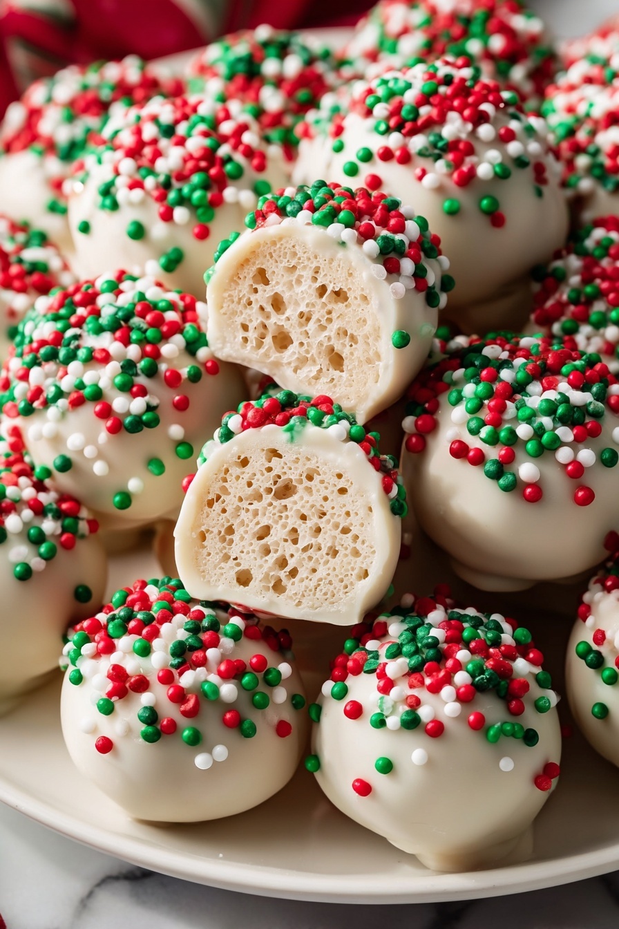 The image shows many small round balls coated in smooth white candy. Each ball is decorated on top with a thick layer of small red, green, and white round sprinkles. One ball is open in the center, showing a light, airy, honeycomb-like inside with a beige color. The balls sit closely together on a white plate, set on a white marbled surface. The colors are bright and festive, with the red, green, and white sprinkles adding a Christmas feel. photo taken with an iphone --ar 2:3 --v 7 - Festive White Chocolate Rice Krispie Balls, Holiday Rice Krispie Treats, White Chocolate Christmas Snacks, Easy Holiday Party Desserts, Snowy White Chocolate Treats