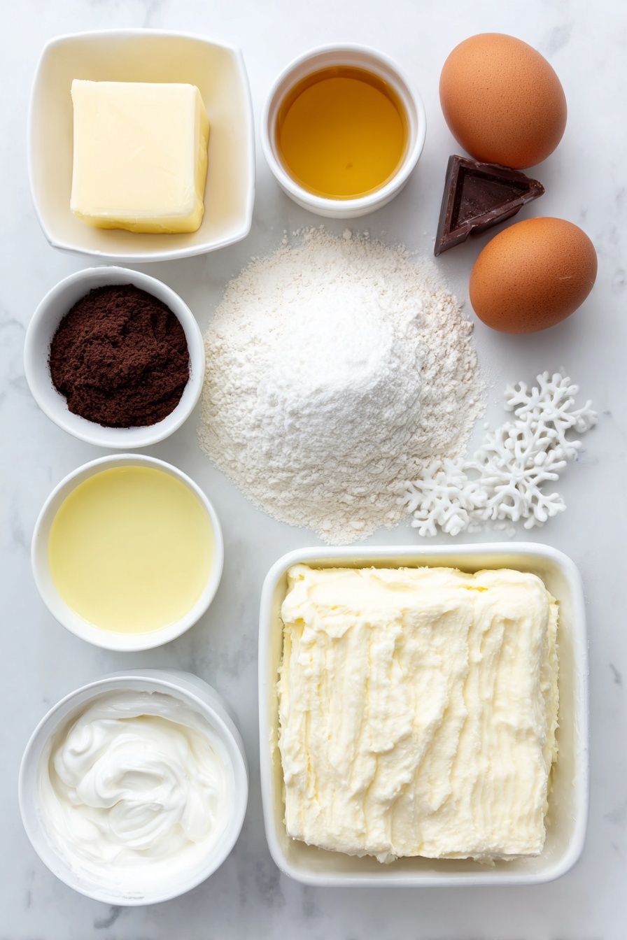 Flat lay of a small mound of all-purpose flour, a small heap of unsweetened dark cocoa powder, a few beige baking powder granules, some fine baking soda crystals, a small pinch of salt, a half stick of pale unsalted butter softened, a small white ceramic bowl filled with granulated white sugar, two large clean whole brown eggs, a small white bowl with pale golden vanilla extract, a small white bowl of creamy white buttermilk, a large square of soft unsalted butter for frosting, a small white bowl heaped with fine powdered sugar, a small white bowl of thick heavy cream, a small white bowl with more vanilla extract, a small dab of vibrant blue gel food coloring on white ceramic plate, several delicate white edible snowflake toppers, and a scattering of shiny silver and white edible pearls arranged with perfect symmetry, placed on a clean white marble surface, soft natural light, photo taken with an iPhone, professional food photography style, fresh ingredients, white ceramic bowls, no bottles, no duplicates, no utensils, no packaging --ar 2:3 --v 7 --p m7354615311229779997 - Winter Blue Chocolate Cupcakes with Snowflake Frosting, festive winter cupcakes, holiday chocolate cupcakes, snowflake frosting recipe, blue buttercream cupcakes