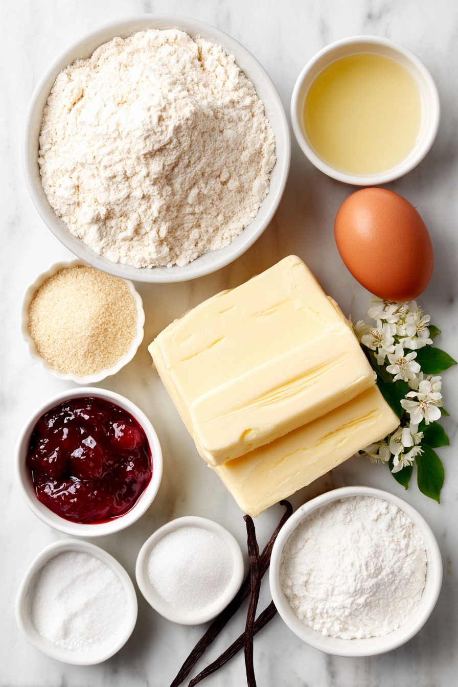 Flat lay of a small mound of pale all-purpose flour, a small pile of light beige almond flour, a tiny heap of fine white powdered sugar, a neat pinch of baking powder beside a small pinch of salt, a slab of soft unsalted butter with a creamy yellow hue, one large whole brown egg with a clean shell, a small white bowl filled with glossy red raspberry jam, another small white bowl holding translucent lemon juice, a small white bowl with fine white granulated sugar, and a few whole vanilla beans alongside a small sprig of fresh almond blossoms, all arranged in perfect symmetry on a simple white ceramic surface, placed on a clean white marble surface, soft natural light, photo taken with an iPhone, professional food photography style, fresh ingredients, white ceramic bowls, no bottles, no duplicates, no utensils, no packaging --ar 2:3 --v 7 --p m7354615311229779997 - Raspberry Filled Almond Snowball Cookies, holiday cookies with raspberry jam, buttery almond cookies with raspberry center, soft snowball cookies recipe, easy raspberry almond cookies