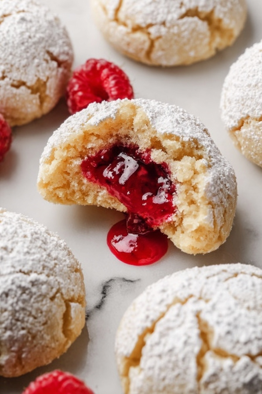 The image shows several round cookies with a cracked, powdery white surface covering them, arranged on a white marbled surface. One cookie is broken open in the center, revealing a thick, bright red, sticky fruit filling that is slightly dripping out. The cookie dough is light golden brown, crumbly in texture, and soft-looking inside. The powdered sugar on top looks fine and dusted unevenly. There are a few fresh raspberries placed around the cookies. photo taken with an iphone --ar 2:3 --v 7 - Raspberry Filled Almond Snowball Cookies, holiday cookies with raspberry jam, buttery almond cookies with raspberry center, soft snowball cookies recipe, easy raspberry almond cookies