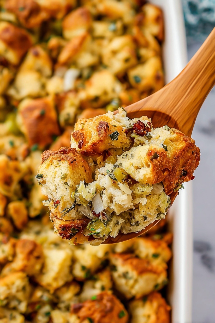 A close-up of a wooden spoon holding a scoop of baked stuffing, showing three to four pieces of golden-brown bread with a crispy texture mixed with layers of green herbs and bits of soft cooked onions, all slightly moist and fluffy inside. The background shows a white baking dish filled with more chunks of the same stuffing layered densely, with a mix of golden crust and soft inside visible, placed on a white marbled surface. Photo taken with an iphone --ar 2:3 --v 7 - Homemade Stuffing with Fresh Herbs, savory stuffing recipe with herbs, holiday stuffing idea, easy homemade stuffing, flavorful stuffing with herbs