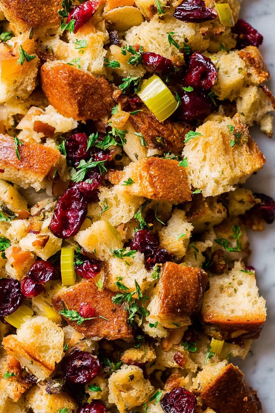The image shows a close-up of a mixed stuffing with three main visible layers of ingredients. The bottom layer has soft, torn pieces of golden-brown toasted bread with a crisp texture on some edges. The middle layer contains small light yellow chunks of cooked apple and celery, adding a juicy and crunchy look. The top layer is scattered with bright red dried cranberries and green chopped parsley leaves, giving a fresh and colorful touch. All these layers blend closely together, showing a mix of soft, crunchy, and chewy textures. The background is a white marbled surface. photo taken with an iphone --ar 2:3 --v 7 - Cranberry Apple Stuffing, cranberry apple stuffing, holiday stuffing with cranberries and apples, autumn stuffing recipe, savory sweet stuffing