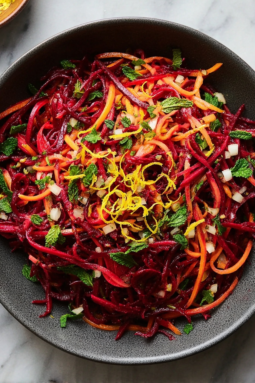 A dark gray bowl filled with a colorful salad made of thin, long strands of deep red beets layered with thin orange carrot strips, scattered with fresh green mint leaves and parsley, small diced white bits, and thin yellow lemon zest curls spread evenly on top, all sitting on a white marbled surface, photo taken with an iphone --ar 2:3 --v 7 - Grated Beet Salad with Fresh Herbs, beet salad recipe, healthy beet salad, quick vegetable salad, fresh herb salad