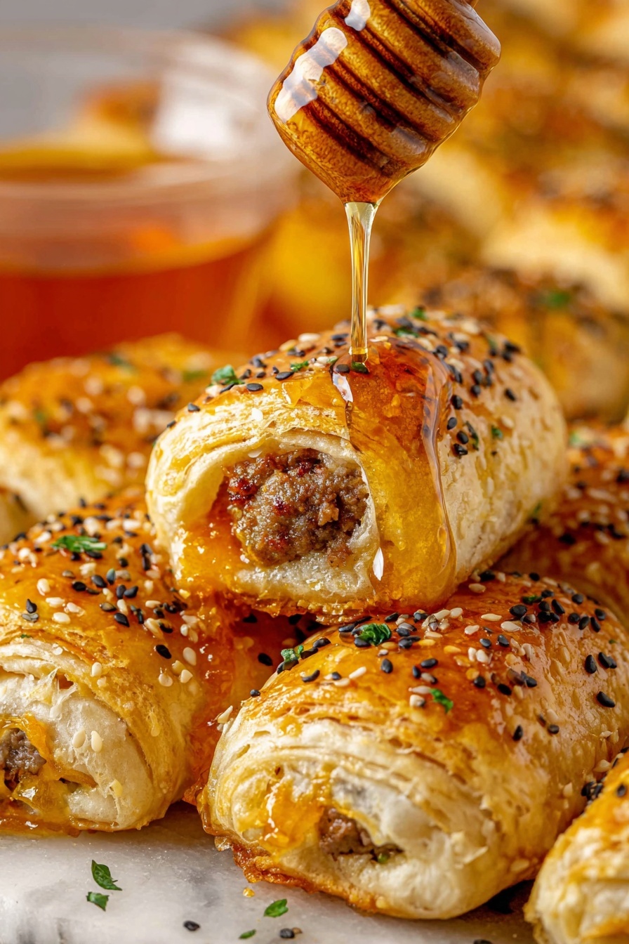 A close-up view of golden brown sausage rolls arranged side by side on a white marbled surface, each roll showing flaky, layered pastry with a shiny glazed top speckled with black and white sesame seeds and bits of green herbs. One sausage roll is held slightly above the rest, partially open at the end, revealing a juicy, crumbly meat filling mixed with melted orange cheese inside. Above the open sausage roll, amber honey is being drizzled slowly from a wooden honey dipper, creating a glossy stream of honey that falls onto the pastry. A translucent glass bowl filled with more honey appears blurred to the left in the background. photo taken with an iphone --ar 2:3 --v 7 - Hot Honey Sausage Rolls with Thyme, sausage rolls with hot honey, savory sausage and thyme pastries, spicy sweet sausage snack, easy hot honey sausage recipe