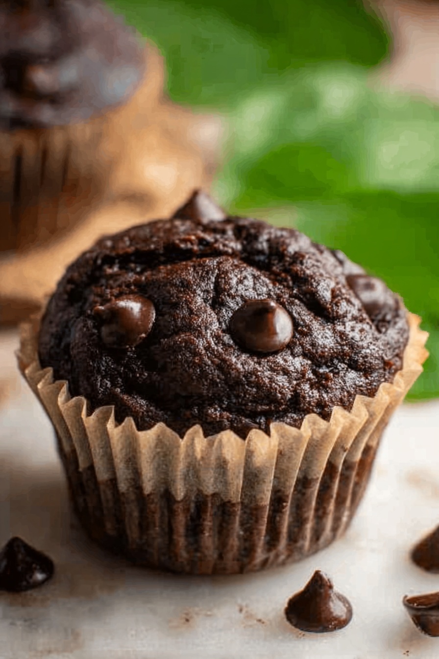A close-up of a dark chocolate muffin sitting on a wrinkled beige paper liner, with several shiny dark chocolate chips scattered on top and around the muffin. The muffin has a rough, textured top with slight cracks and a rich dark brown color. The background has a soft focus with green leaves blurred behind. The surface under the muffin is white marbled texture. photo taken with an iphone --ar 2:3 --v 7 - Healthy Chocolate Spinach Muffins, wholesome muffin recipes, easy healthy snack ideas, chocolate spinach muffin recipe, nutritious baked goods