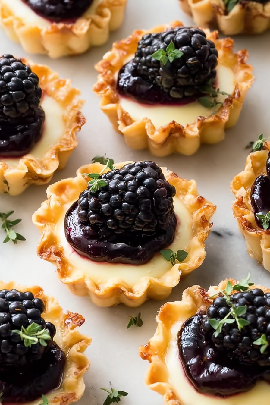 The image shows many small tartlets arranged closely on a white marbled surface. Each tartlet has a golden, crispy shell with ruffled edges. Inside, there is a smooth, creamy pale yellow layer topped with a glossy dark purple blackberry compote. A shiny, plump blackberry is placed on top of the compote in each tartlet. Small green herb leaves are sprinkled around the tartlets and on top for decoration. The light highlights the textures, making the blackberries look juicy and the tart shells crisp. photo taken with an iphone --ar 2:3 --v 7 - Brie and Blackberry Phyllo Cups, Brie and Blackberry Appetizer, easy brie and blackberry tartlets, quick party appetizers with brie, elegant blackberry phyllo bites