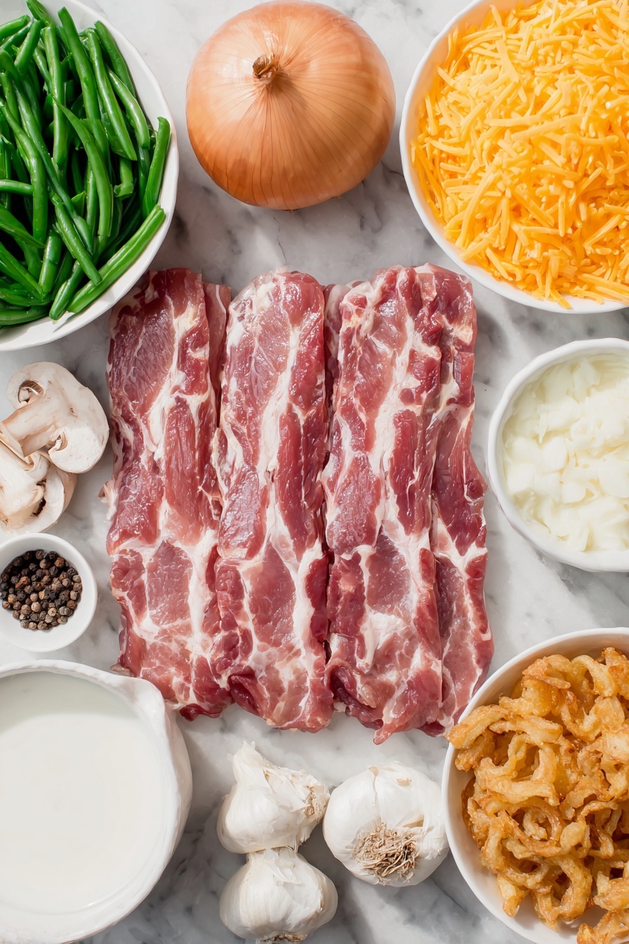 Flat lay of six raw bacon strips with visible marbling, a halved yellow onion showing its crisp layers, a small mound of chopped fresh button mushrooms, three garlic cloves with papery skins intact, a small white ceramic bowl filled with creamy mushroom soup, a small white bowl holding whole milk, a neat pile of shredded Monterey Jack cheese, a pinch of coarse salt crystals and whole black peppercorns arranged side by side, a small white bowl containing freshly drained cut green beans, and a small white bowl filled with golden French fried onions, all placed on a clean white marble surface, soft natural light, photo taken with an iPhone, professional food photography style, fresh ingredients, white ceramic bowls, no bottles, no duplicates, no utensils, no packaging --ar 2:3 --v 7 --p m7354615311229779997 - Perfect Green Bean Casserole with Bacon, green bean casserole with bacon, easy green bean casserole, cheesy green bean casserole, holiday green bean side dish