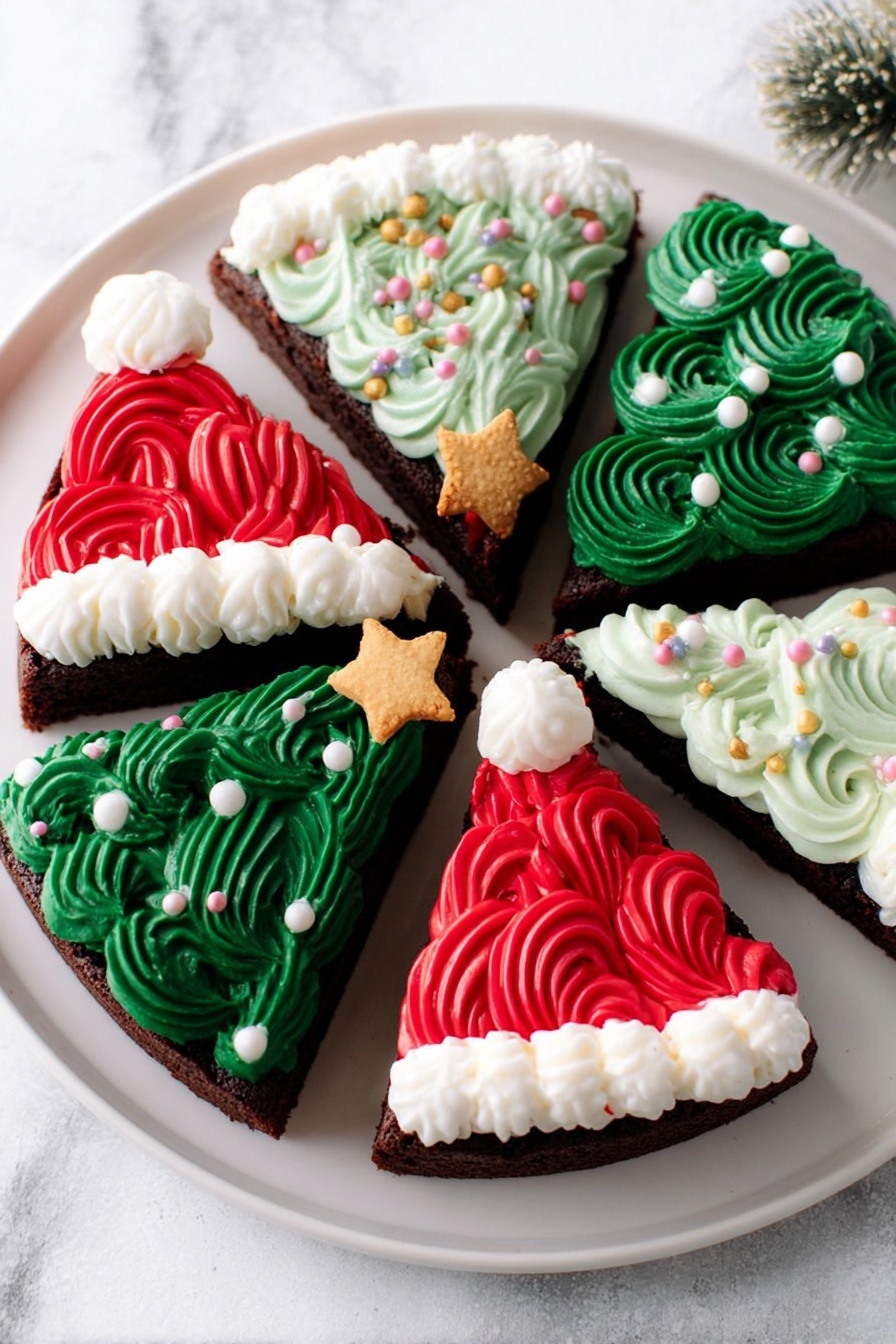 The image shows six triangular chocolate cake slices placed on a large white plate with a white marbled background. Three slices are decorated like Santa hats with smooth red icing swirls covering the top, a band of white fluffy icing at the base, and a small white icing pompom on the point. The other three slices are decorated like Christmas trees with green icing swirls, small white round sprinkles resembling snow, and a small yellow star-shaped biscuit at the top point. The cakes are arranged in a circle, alternating red and green decorated slices. Photo taken with an iphone --ar 2:3 --v 7 - Christmas Tree Brownies with Festive Frosting, holiday dessert ideas, Christmas brownies, festive brownie decorations, holiday baking treats