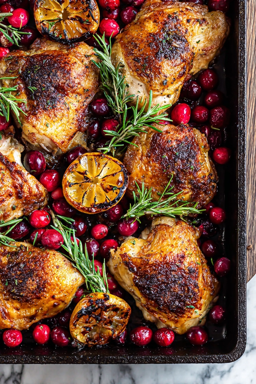 A black roasting pan filled with five pieces of browned roasted chicken with crispy skin, spread across the pan. Inside and around the chicken are bright red fresh cranberries and small green rosemary sprigs. Two halves of a charred lemon with golden browned edges are placed among the chicken. The pan rests on a surface with a white marbled texture. The lighting highlights the juicy texture and rich golden brown colors of the roasted chicken and the vibrant reds of the cranberries photo taken with an iphone --ar 2:3 --v 7 - Cranberry Rosemary Baked Chicken, easy holiday chicken, juicy baked chicken with cranberries, savory baked chicken recipes, flavorful chicken dinner
