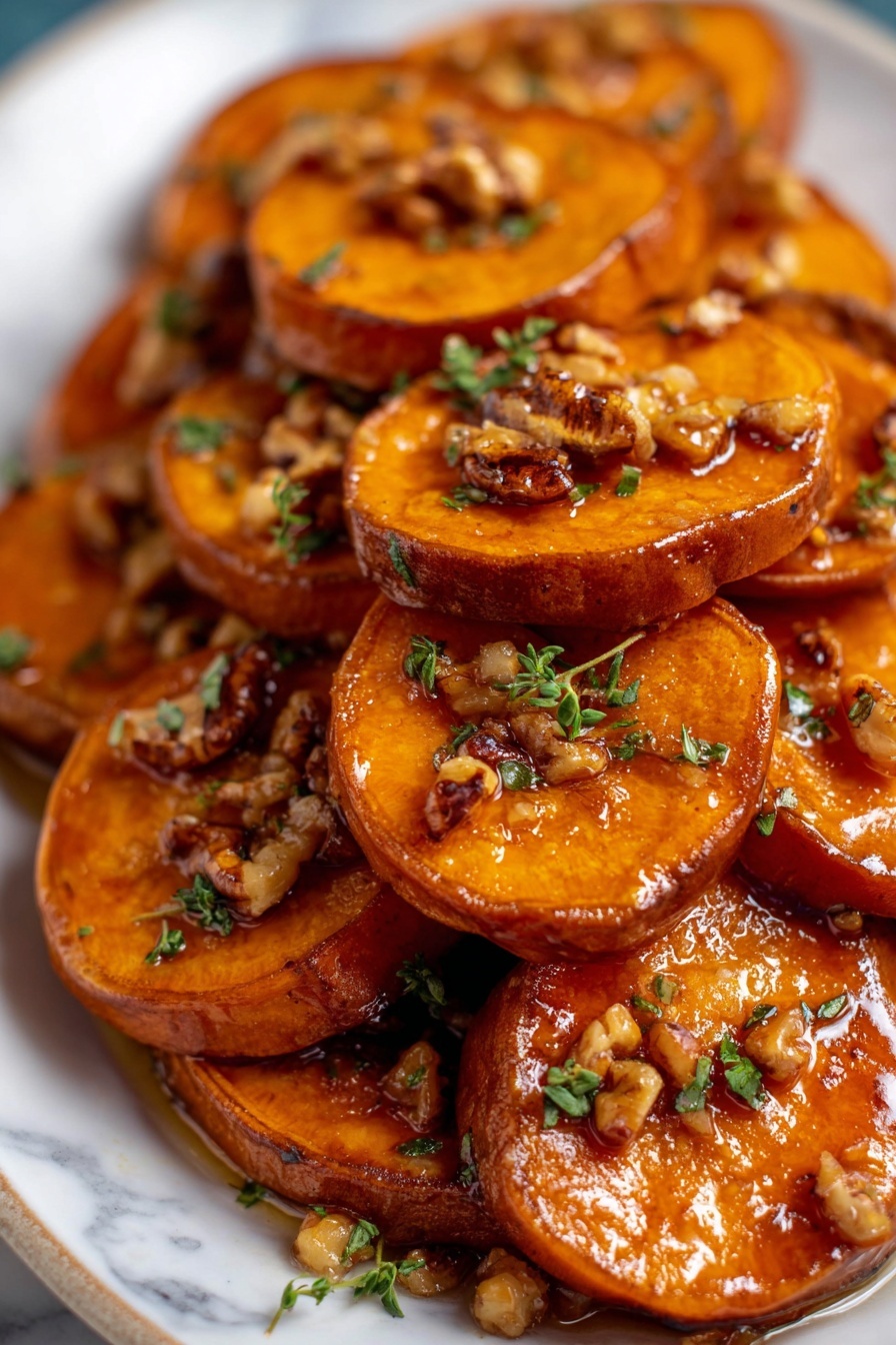 A close-up of many cooked sweet potato slices stacked on a white plate, each slice having a warm orange-brown color with a shiny glazed surface. On top of each slice, there are small pieces of chopped nuts that look crunchy and light brown, mixed with tiny fresh green herb leaves. The sweet potato edges are slightly darker and caramelized, creating a rich contrast with the orange inside. The plate sits on a white marbled surface, and the focus is sharp, showing the texture of the glaze and nuts clearly. photo taken with an iphone --ar 2:3 --v 7 - Maple Pecan Roasted Sweet Potatoes, roasted sweet potato sides, sweet potato recipes with maple syrup, holiday sweet potato side dish, easy sweet potato recipes