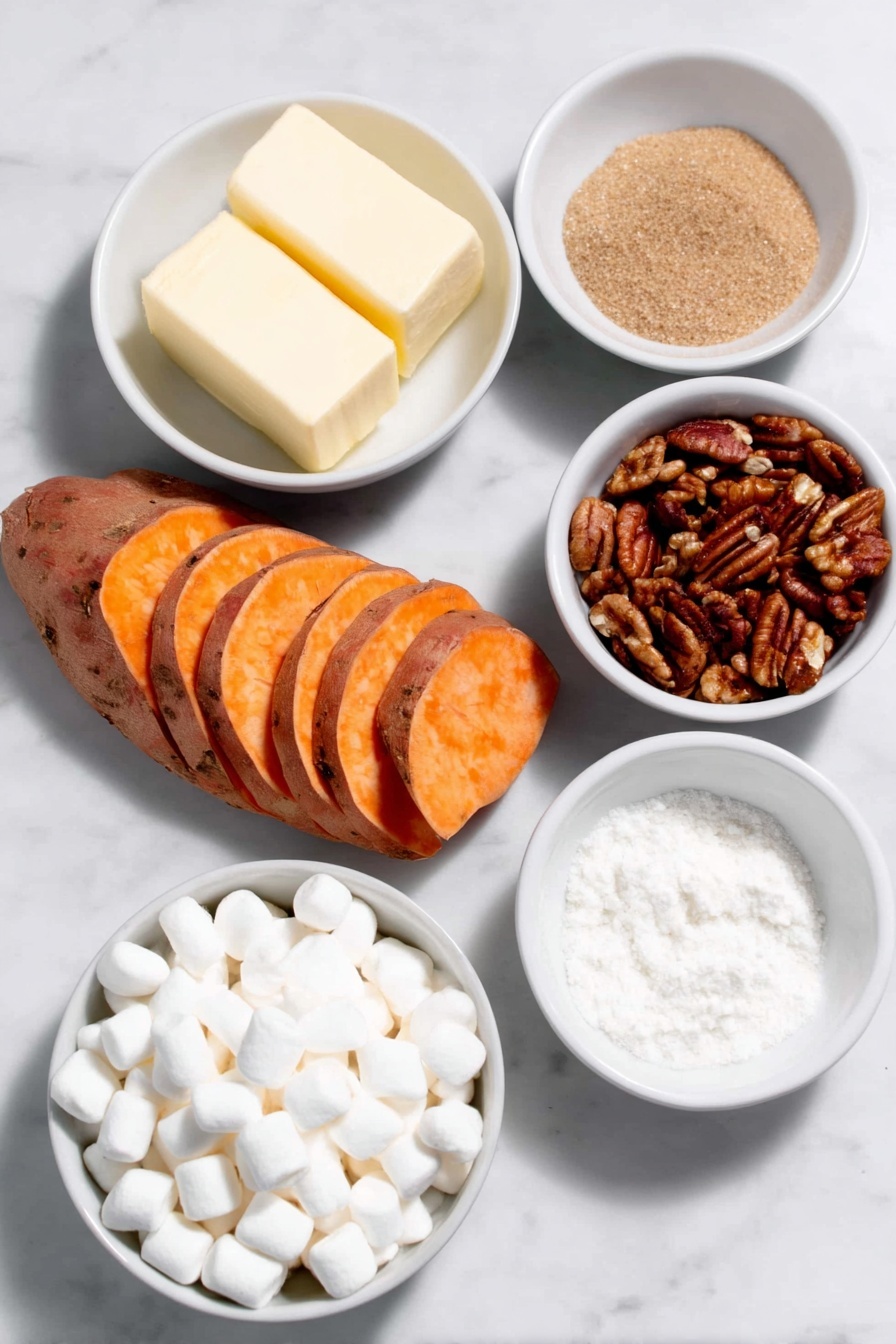 Flat lay of peeled sweet potatoes sliced into thin medallions arranged neatly, a small white ceramic bowl of unsalted butter, a small white ceramic bowl filled with light brown sugar, a small white ceramic bowl containing water, small white ceramic bowls with ground cinnamon, ground cloves, ground nutmeg, and salt each shown as fine powders, a small white ceramic bowl with roughly chopped pecans, and a small white ceramic bowl filled with mini white marshmallows, all ingredients fresh and natural, perfectly symmetrical layout, placed on a clean white marble surface, soft natural light, photo taken with an iPhone, professional food photography style, fresh ingredients, white ceramic bowls, no bottles, no duplicates, no utensils, no packaging --ar 2:3 --v 7 --p m7354615311229779997 - Sweet Potato Casserole with Pecans and Marshmallows, holiday sweet potato casserole, easy festive side dish, warm spice sweet potato bake, marshmallow pecan casserole