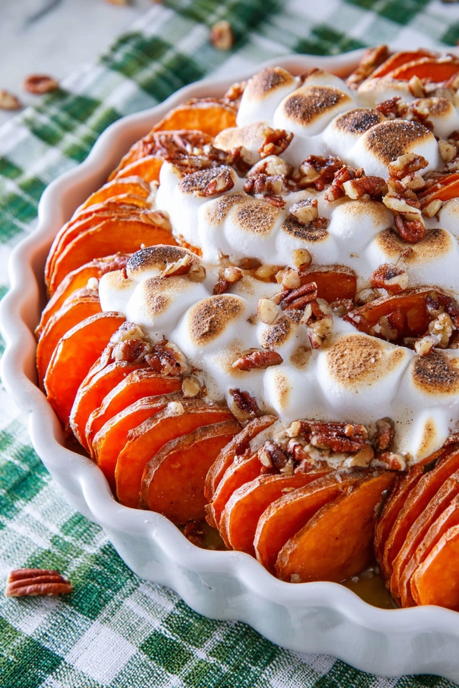 The dish shows three tall stacks of sliced sweet potatoes arranged closely on a white scalloped dish, each slice bright orange with a soft texture. Melted and slightly browned marshmallows cover parts of the sweet potatoes, creating a white and light golden layer with a bubbly texture. Scattered around and between the stacks are small pieces of chopped pecans, adding a crunchy texture and a dark brown color contrast. The dish sits on a green and white plaid cloth with a white marbled surface underneath. The overall look is warm, soft, and inviting with a mix of smooth, crispy, and nutty textures photo taken with an iphone --ar 2:3 --v 7 - Sweet Potato Casserole with Pecans and Marshmallows, holiday sweet potato casserole, easy festive side dish, warm spice sweet potato bake, marshmallow pecan casserole