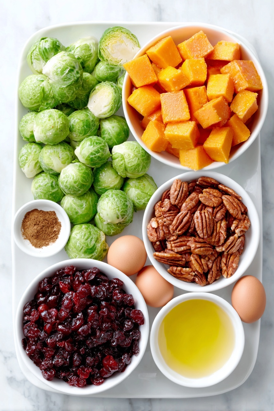 Flat lay of fresh halved Brussels sprouts with bright green leaves, peeled and cubed butternut squash in vibrant orange cubes, a small white ceramic bowl of golden olive oil, a small white ceramic bowl of deep amber maple syrup, a small white ceramic bowl of ground cinnamon powder, a handful of glossy pecan halves, a small pile of dried tart red cranberries, and two whole uncracked brown eggs placed symmetrically, all arranged neatly on a simple white ceramic plate and bowls, placed on a clean white marble surface, soft natural light, photo taken with an iPhone, professional food photography style, fresh ingredients, white ceramic bowls, no bottles, no duplicates, no utensils, no packaging --ar 2:3 --v 7 --p m7354615311229779997 - Roasted Brussels Sprouts and Butternut Squash Salad, fall vegetable salad, healthy roasted vegetable salad, seasonal vegetable salad, easy roasted vegetable salad