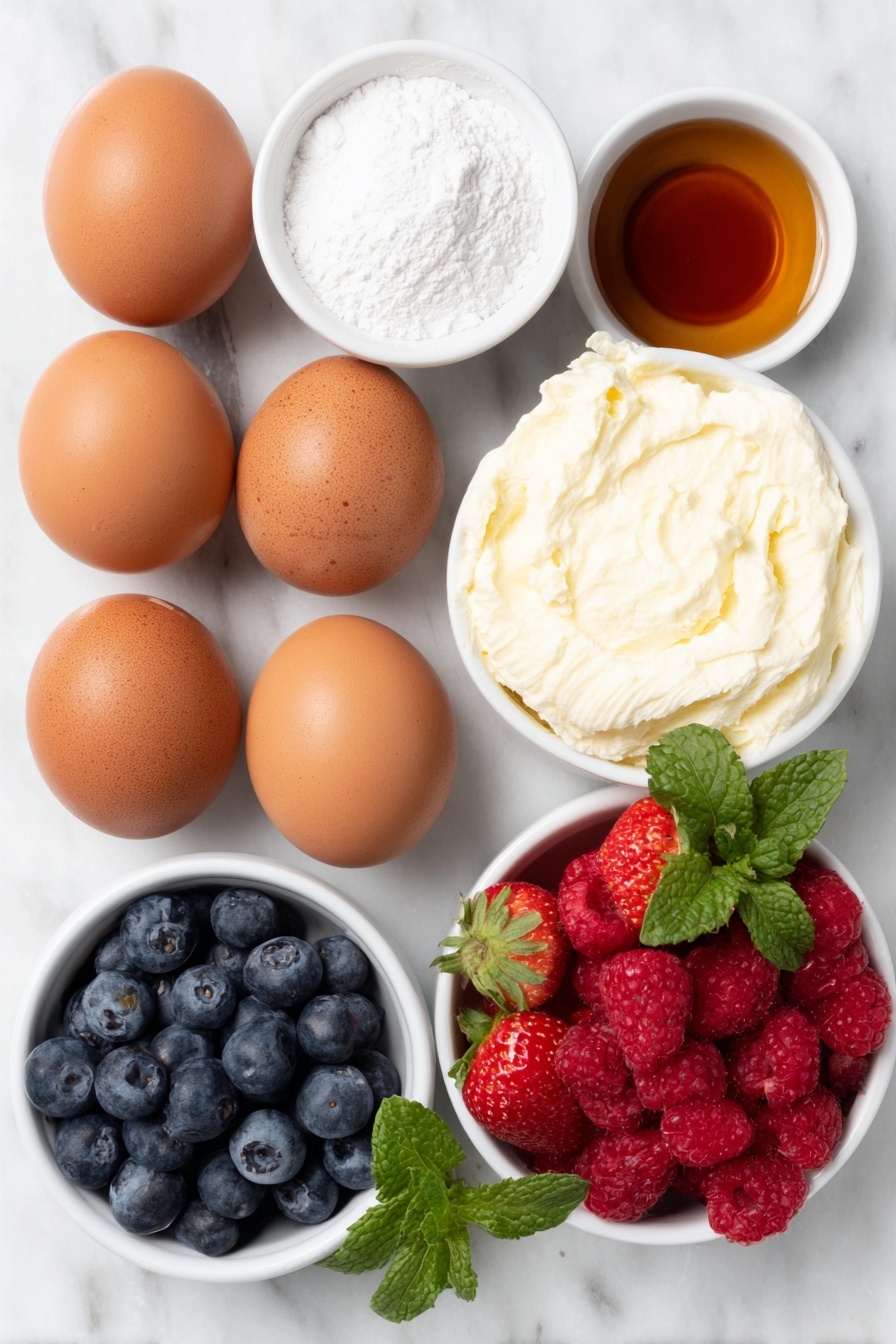 Flat lay of six extra-large whole brown eggs with clean shells, a small white ceramic bowl of sifted powdered sugar, a small white ceramic bowl of fine cornstarch powder, a small white ceramic bowl holding clear vanilla extract, a small white ceramic bowl of fresh heavy whipping cream, a few vibrant fresh mixed berries (strawberries, blueberries, raspberries), and a few bright green fresh mint sprigs arranged in perfect symmetry, all placed on a clean white marble surface, soft natural light, photo taken with an iPhone, professional food photography style, fresh ingredients, white ceramic bowls, no bottles, no duplicates, no utensils, no packaging --ar 2:3 --v 7 --p m7354615311229779997 - Pull Apart Pavlova Wreath, Pavlova with Fresh Fruit, Easy Pavlova Recipe, Fruit Topped Pavlova, Party Dessert Ideas