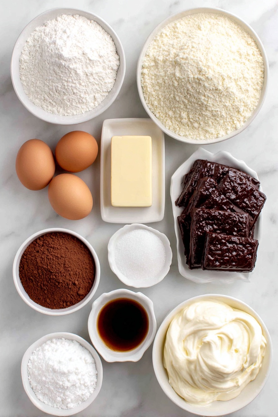 Flat lay of a small mound of fine powdered sugar, a neat pile of light almond flour, three whole clean-shelled brown eggs, a small heap of white granulated sugar, a tiny white ceramic bowl with clear vanilla extract, a small white bowl holding rich brown gel food coloring drops, a square of creamy salted butter, a white bowl filled with fluffy powdered sugar, a small bowl with pale heavy whipping cream, a small white bowl containing smooth cocoa powder, a small white bowl with meringue powder, and three small white bowls each with vivid royal icing in red, black, and brown colors, all arranged symmetrically on a clean white marble surface, soft natural light, photo taken with an iPhone, professional food photography style, fresh ingredients, white ceramic bowls, no bottles, no duplicates, no utensils, no packaging --ar 2:3 --v 7 --p m7354615311229779997 - Christmas Reindeer Macarons, festive holiday macarons, holiday gift ideas, Christmas baking recipes, cute reindeer cookies