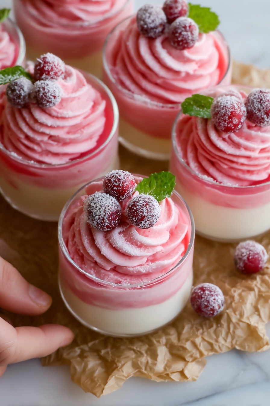 Four clear glass cups filled with three visible layers: the bottom layer is creamy white, the middle layer is pink with a smooth texture, and the top layer is bright pink whipped cream swirled into peaks. Each cup is decorated with three fresh red cranberries dusted with white powdered sugar and two small green mint leaves. The cups sit on crumpled brown parchment paper on a white marbled surface. A woman's hand is gently holding one of the cups from the side. Photo taken with an iphone --ar 2:3 --v 7 - Festive Cranberry Mousse Cups, holiday mousse recipes, cranberry dessert ideas, easy holiday mousse, layered holiday desserts
