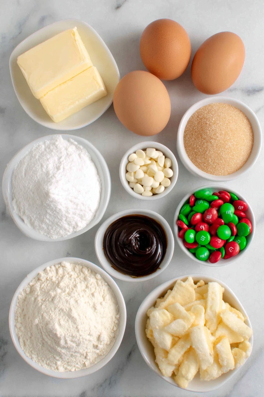 Flat lay of a few chunks of salted butter, a small mound of light brown sugar, a small mound of granulated white sugar, two whole brown eggs with clean shells, a small white bowl of vanilla bean paste, a small mound of all-purpose flour, a small pile of baking powder, a small pile of baking soda, a small pile of salt, a small white bowl filled with red and green M&M's, a small white bowl of white chocolate chips, a small white bowl of pretzel pieces, a small white bowl of potato chip pieces, a small white bowl of red and green jimmies placed on a clean white marble surface, soft natural light, photo taken with an iPhone, professional food photography style, fresh ingredients, white ceramic bowls, no bottles, no duplicates, no utensils, no packaging --ar 2:3 --v 7 --p m7354615311229779997 - Christmas Cookie with Mix-Ins, festive holiday cookies, chewy Christmas cookie recipe, colorful holiday cookies, easy Christmas cookie ideas